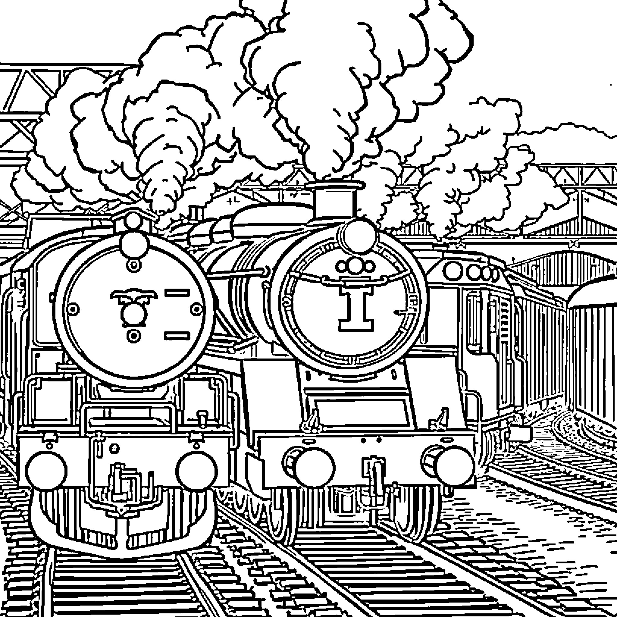 Train locomotives steaming through the railway station Coloring Page (free black-and-white line drawing printable PDF for all, from beginners to advanced learners, including children, teens, adults, and seniors)