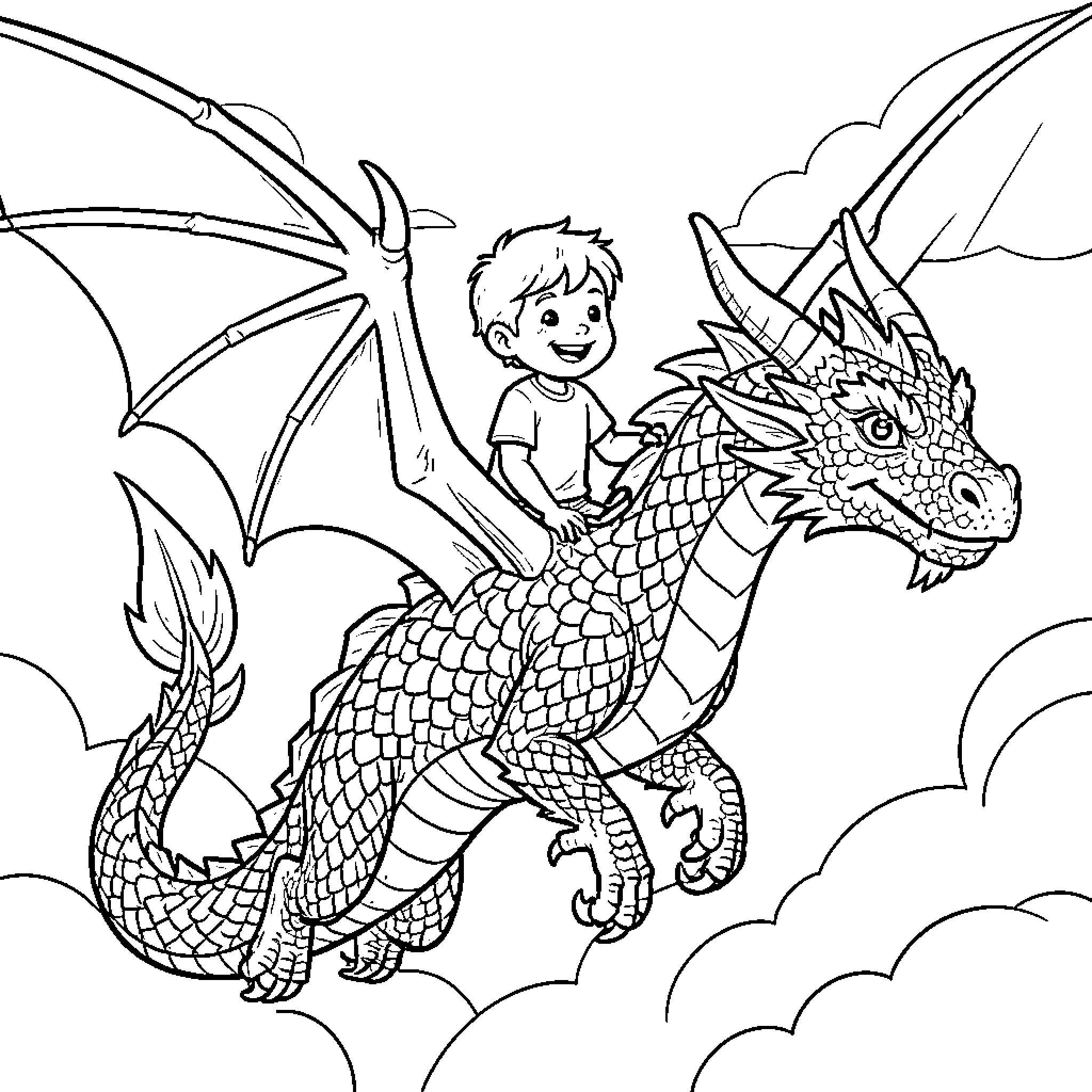 Child riding a dragon in the sky Coloring Page (free black-and-white line drawing printable PDF for all, from beginners to advanced learners, including children, teens, adults, and seniors)