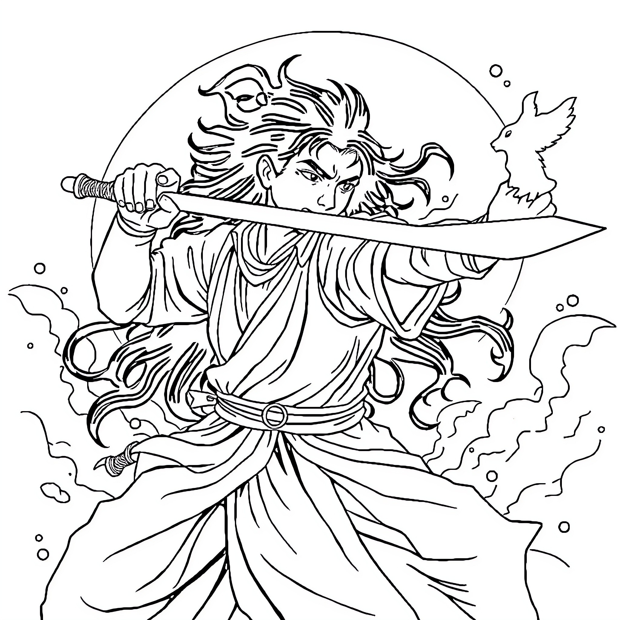 Samurai Warrior Brandishing Sword with Fierce Determination Coloring Page (free black-and-white line drawing printable PDF for all, from beginners to advanced learners, including children, teens, adults, and seniors)