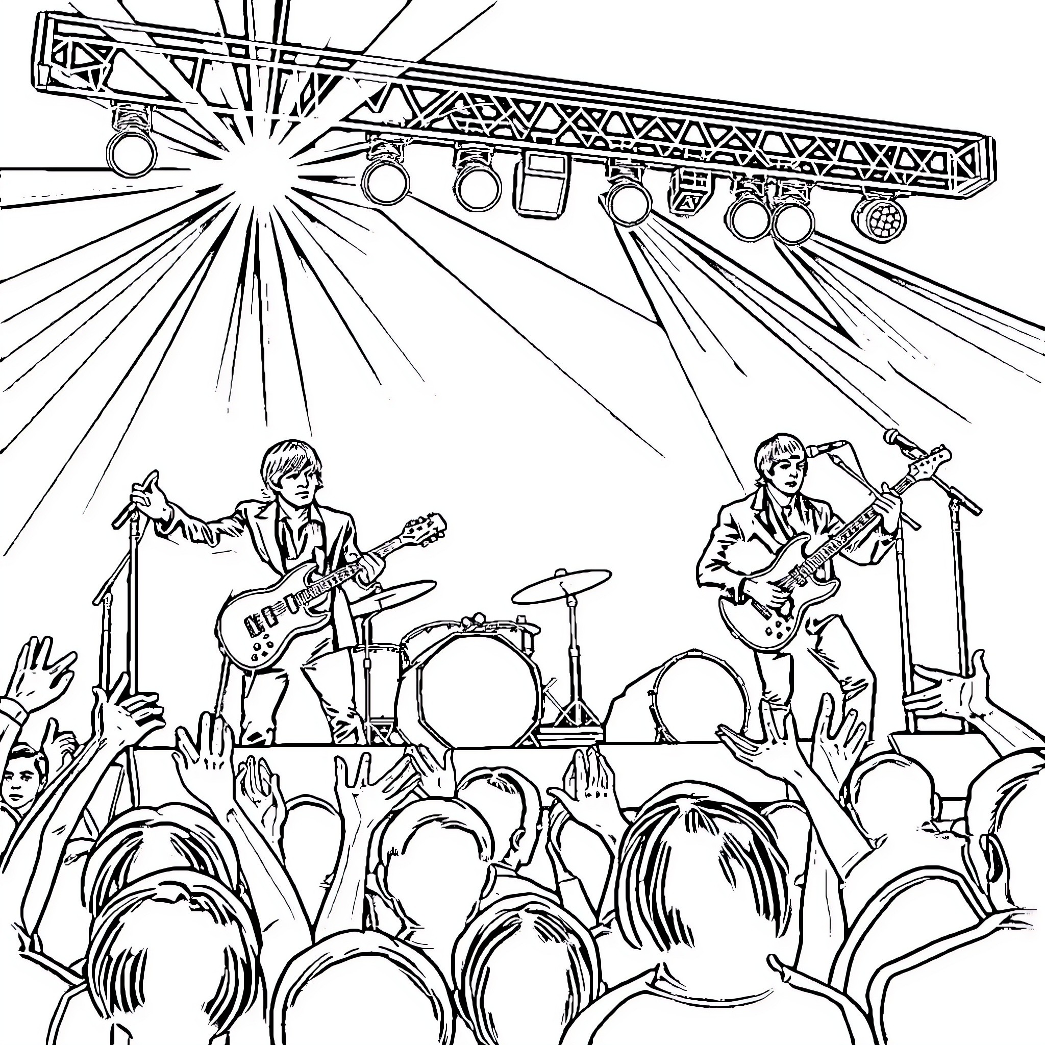 Beatles Performing on Stage with Lively Crowd Coloring Page (free black-and-white line drawing printable PDF for all, from beginners to advanced learners, including children, teens, adults, and seniors)
