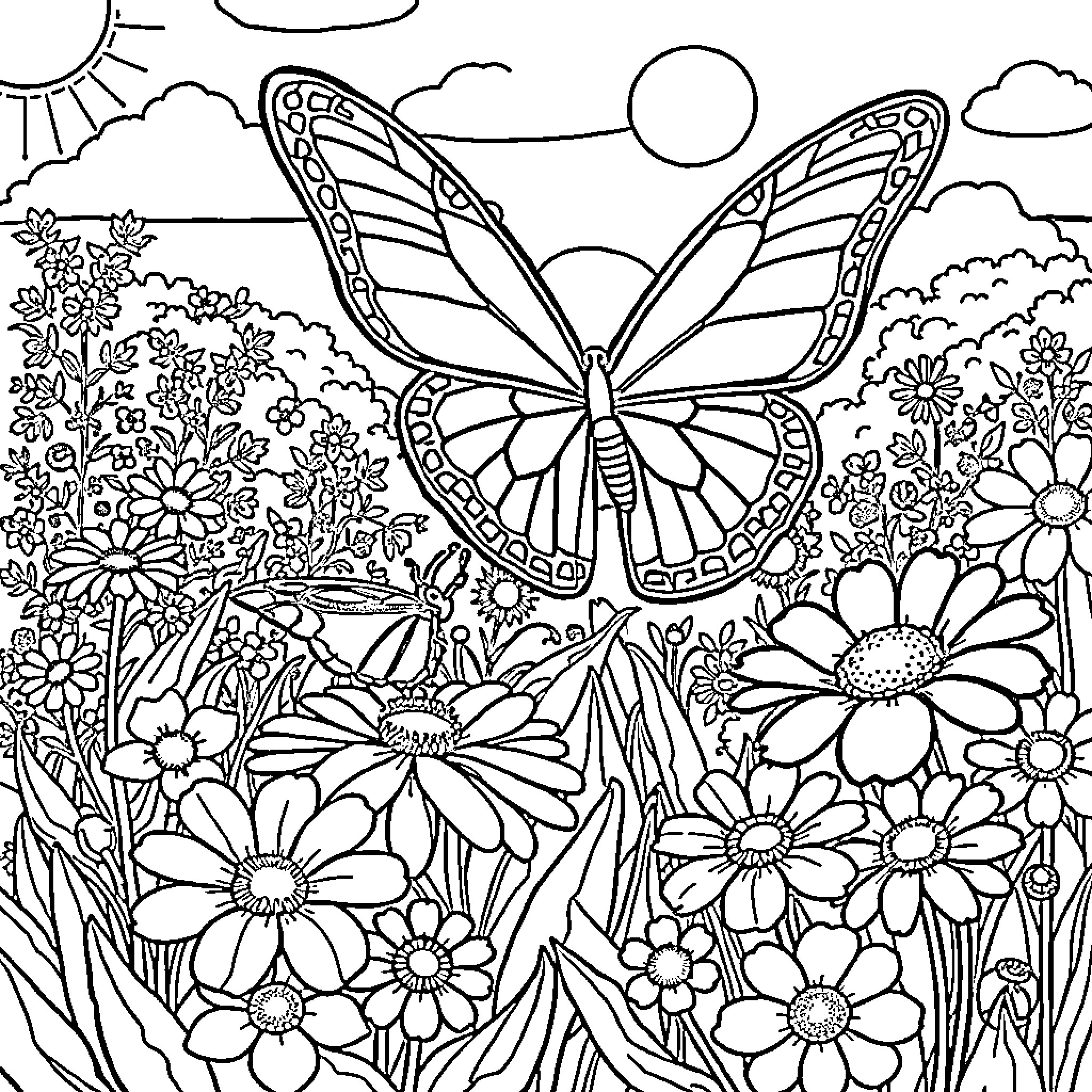 Butterfly dancing in a floral garden Coloring Page (free black-and-white line drawing printable PDF for all, from beginners to advanced learners, including children, teens, adults, and seniors)