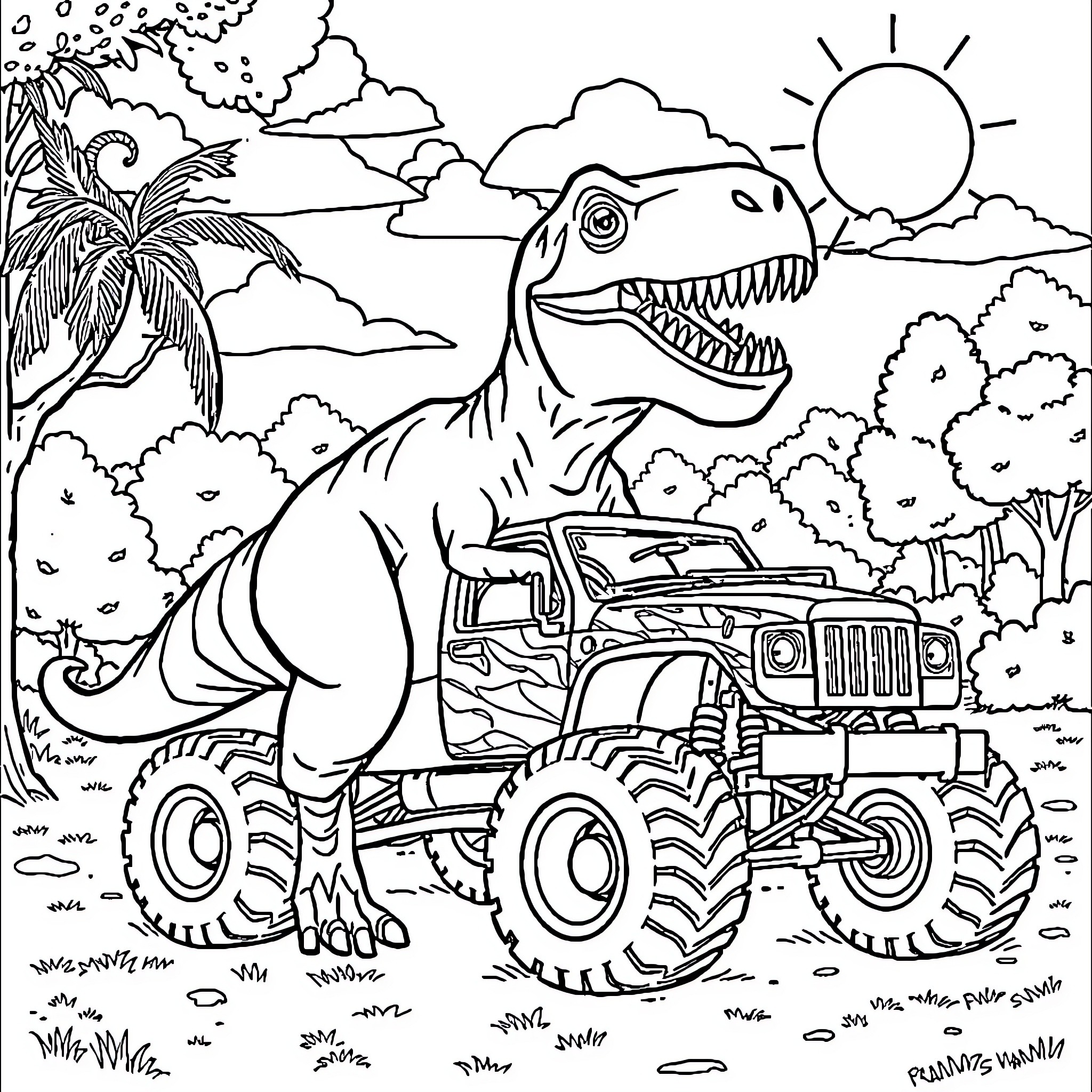 T-Rex Riding Monster Truck Through Jungle Landscape Coloring Page (free black-and-white line drawing printable PDF for all, from beginners to advanced learners, including children, teens, adults, and seniors)