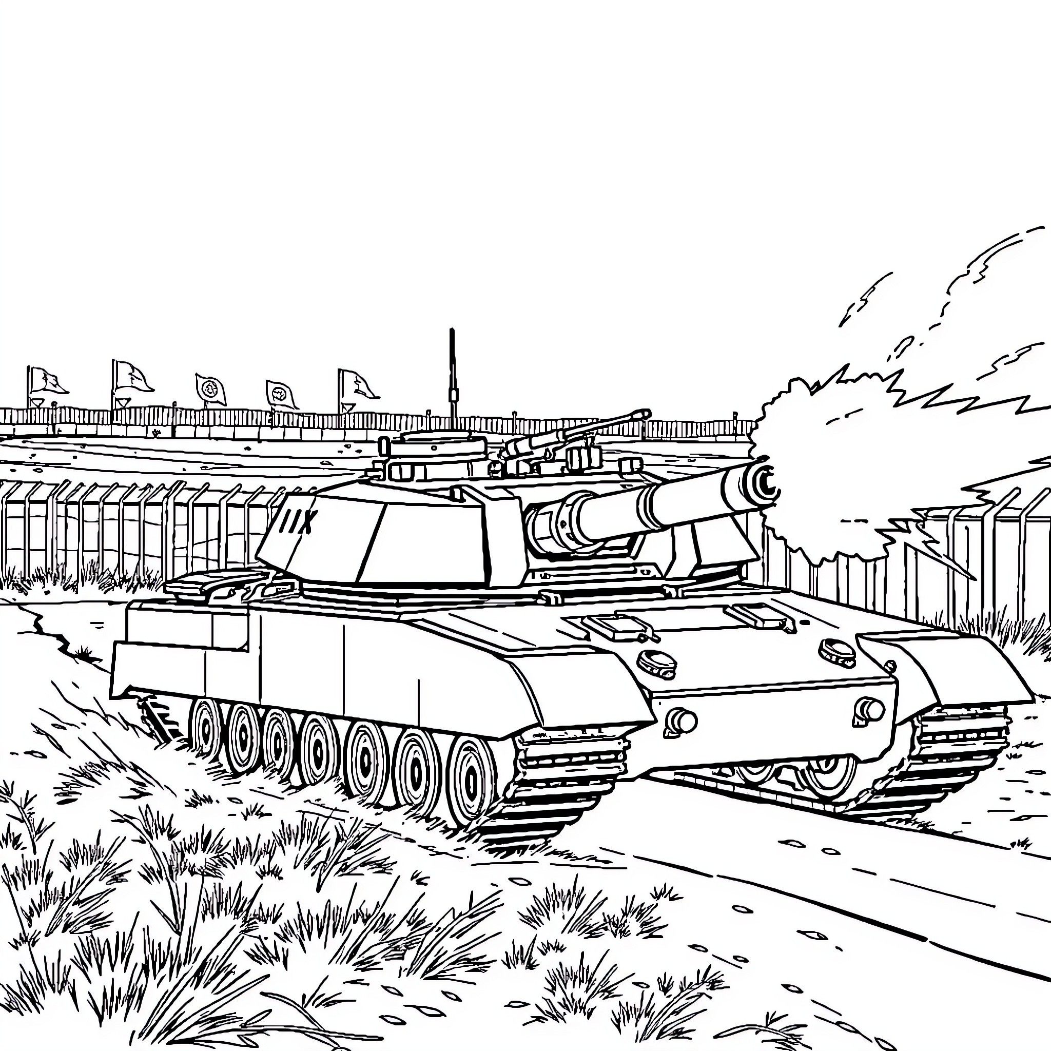 Tank Advancing Through Battlefield Landscape Coloring Page (free black-and-white line drawing printable PDF for all, from beginners to advanced learners, including children, teens, adults, and seniors)