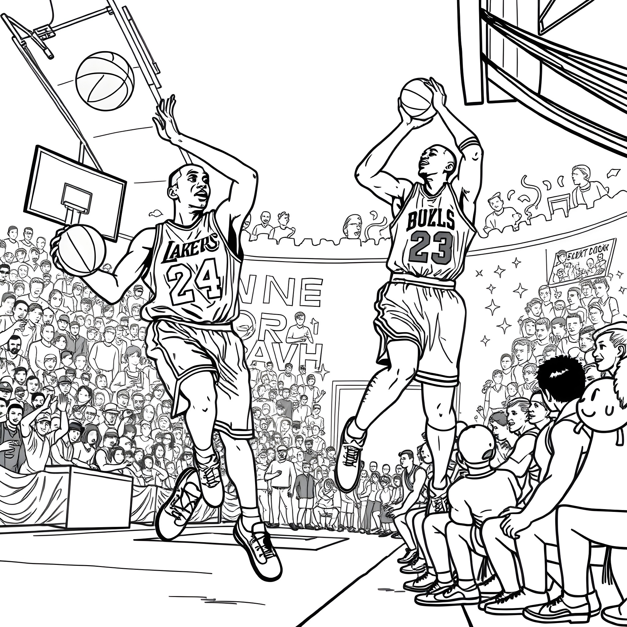 Kobe Bryant and Michael Jordan in an epic basketball game Coloring Page (free black-and-white line drawing printable PDF for all, from beginners to advanced learners, including children, teens, adults, and seniors)
