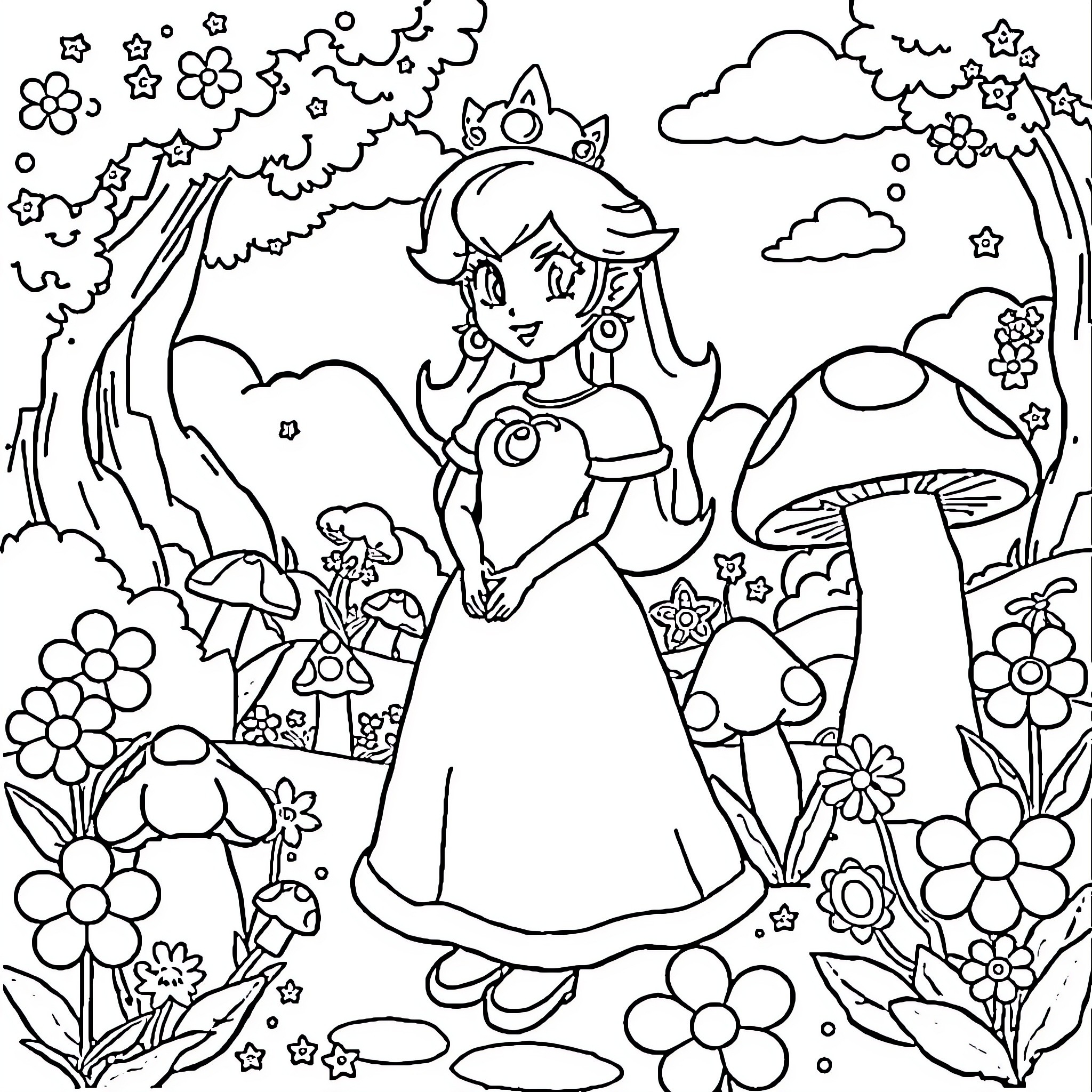 Princess Peach in a Whimsical Floral Garden Coloring Page (free black-and-white line drawing printable PDF for all, from beginners to advanced learners, including children, teens, adults, and seniors)