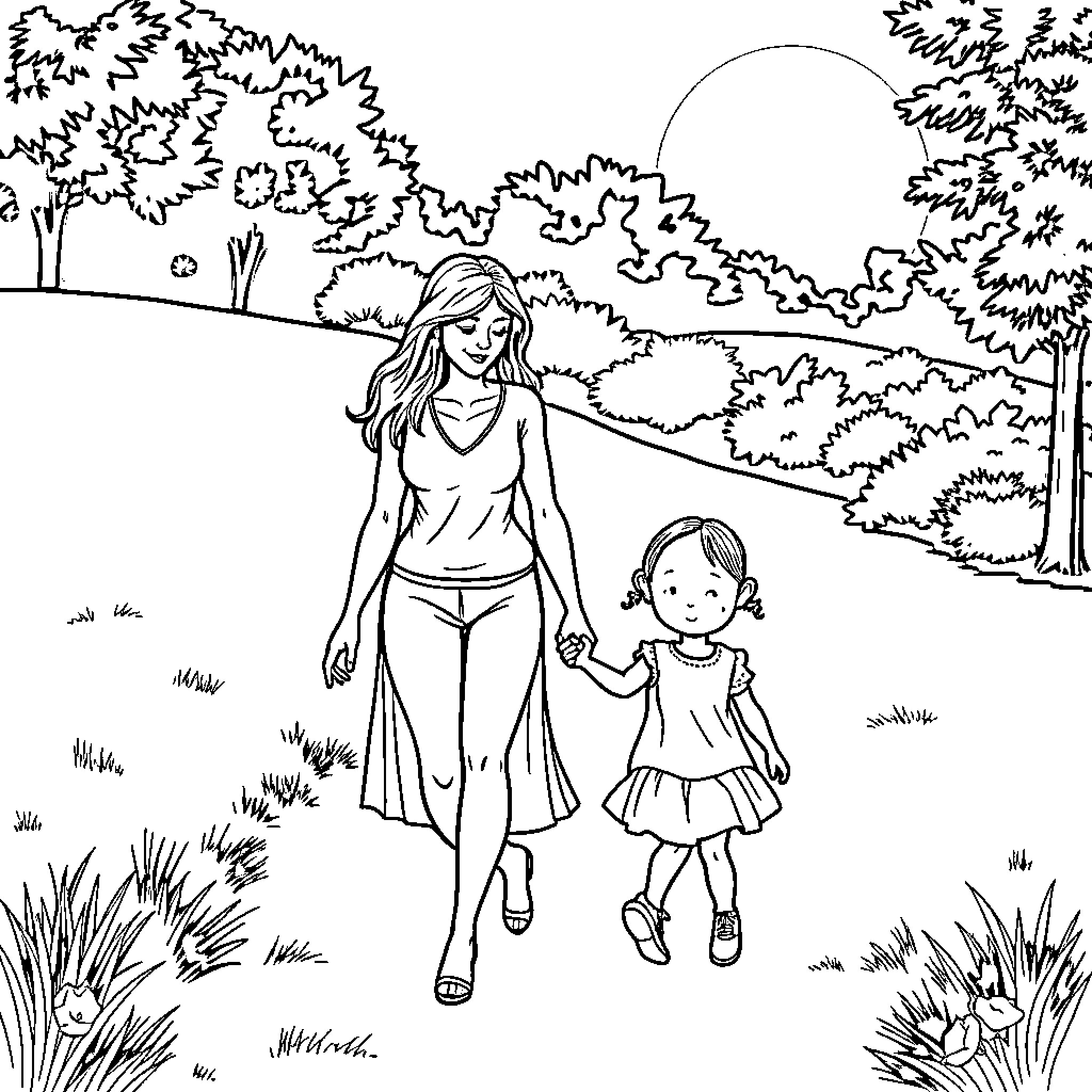 Mom and daughter taking a casual stroll in the park Coloring Page (free black-and-white line drawing printable PDF for all, from beginners to advanced learners, including children, teens, adults, and seniors)