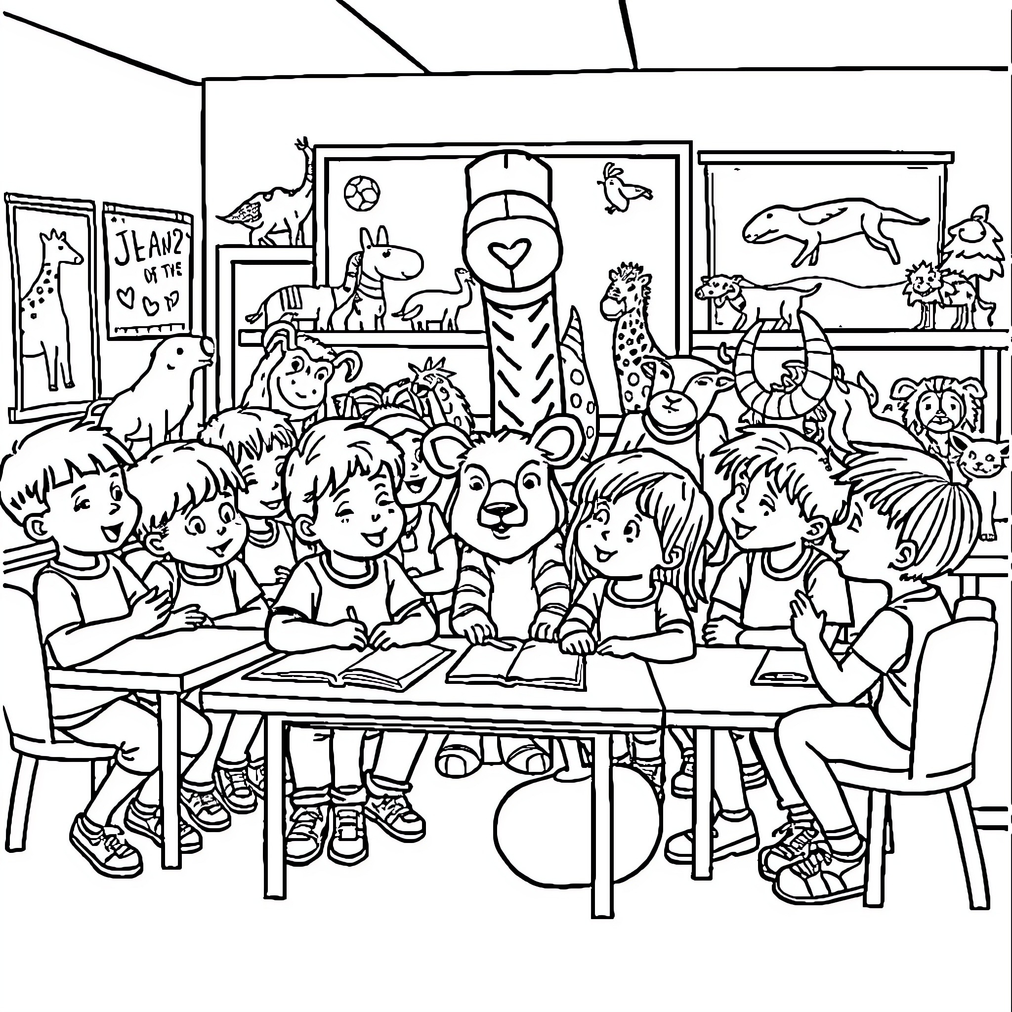 Animal friends learning together in the classroom Coloring Page (free black-and-white line drawing printable PDF for all, from beginners to advanced learners, including children, teens, adults, and seniors)