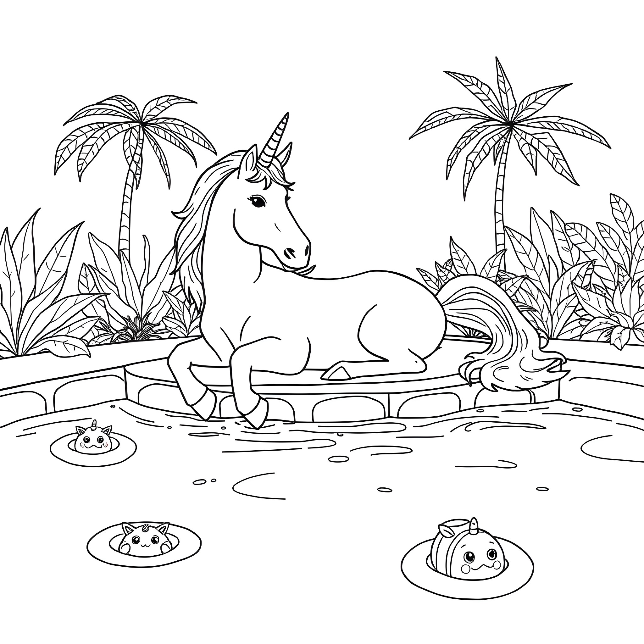 Unicorn resting in tropical jungle landscape Coloring Page (free black-and-white line drawing printable PDF for all, from beginners to advanced learners, including children, teens, adults, and seniors)