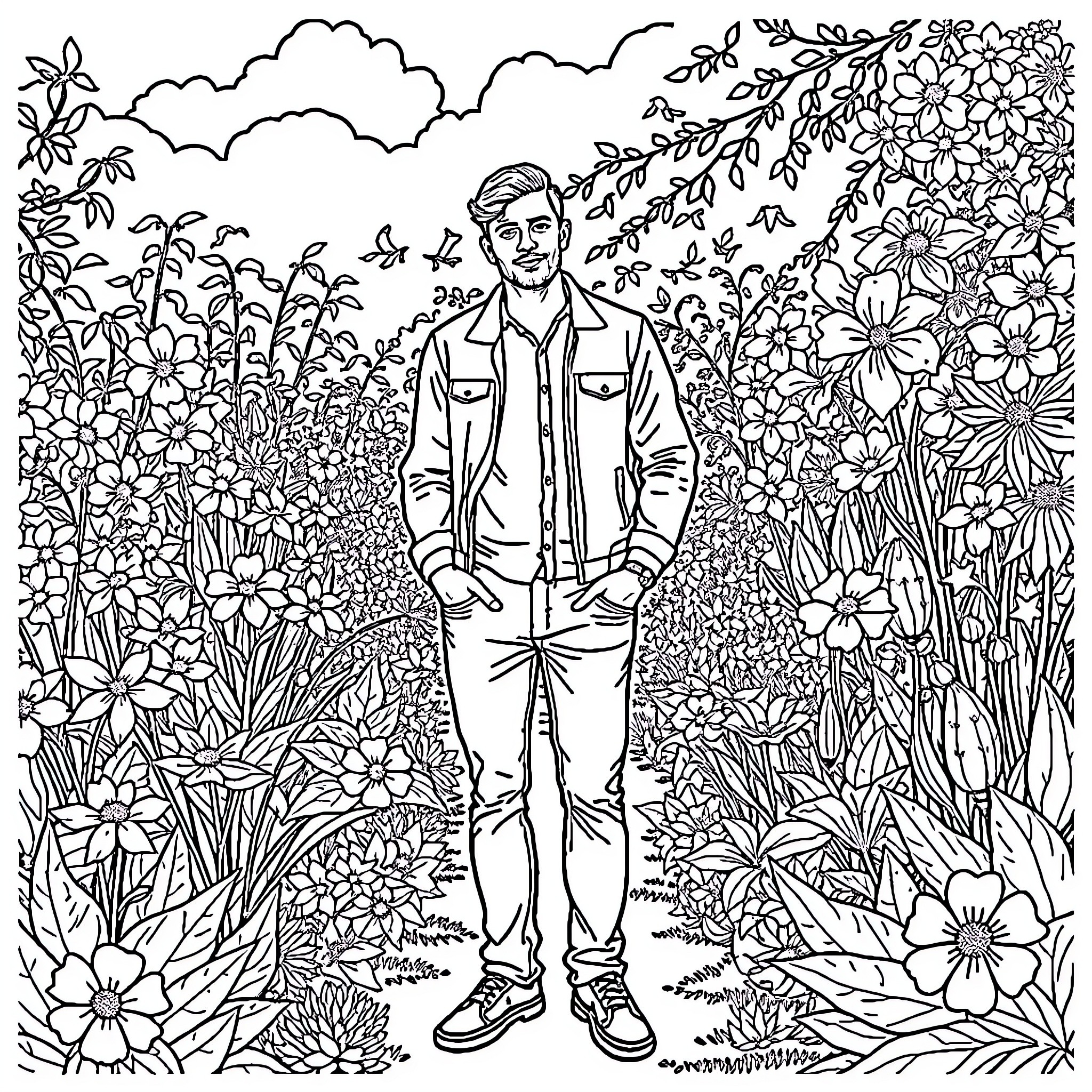 Man exploring the vibrant floral landscape Coloring Page (free black-and-white line drawing printable PDF for all, from beginners to advanced learners, including children, teens, adults, and seniors)