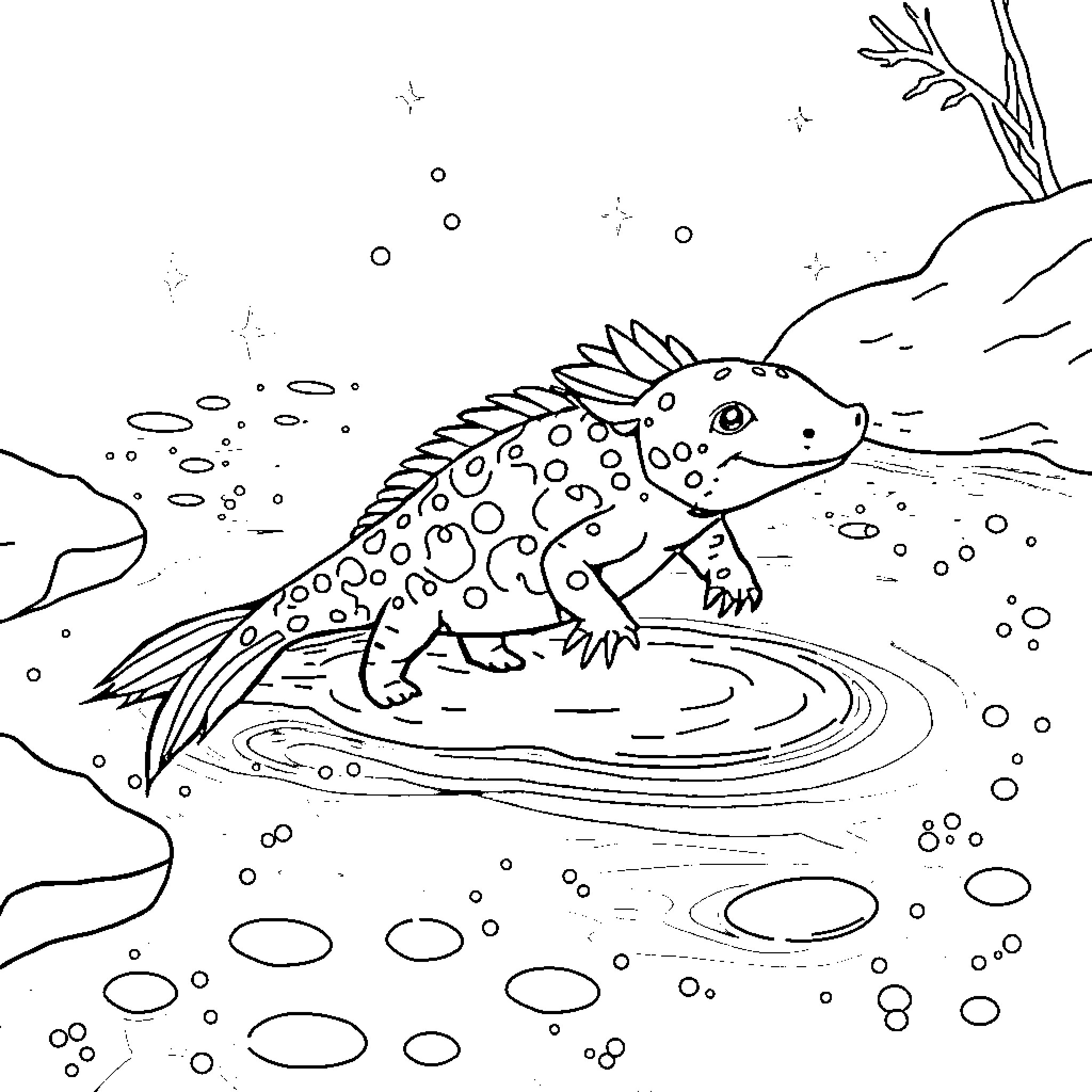 Axolotl swimming in underwater fantasy scene Coloring Page (free black-and-white line drawing printable PDF for all, from beginners to advanced learners, including children, teens, adults, and seniors)