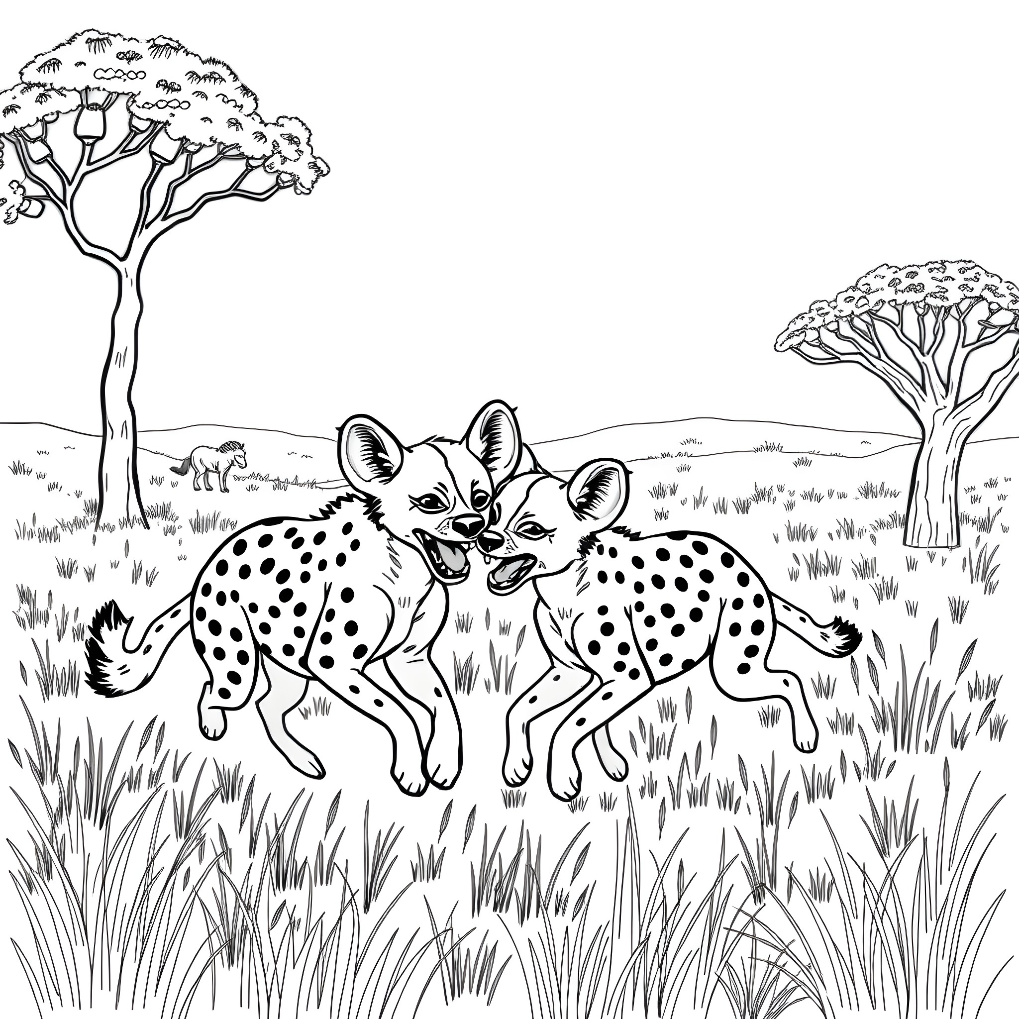 Hyena playing together in the African savanna Coloring Page (free black-and-white line drawing printable PDF for all, from beginners to advanced learners, including children, teens, adults, and seniors)