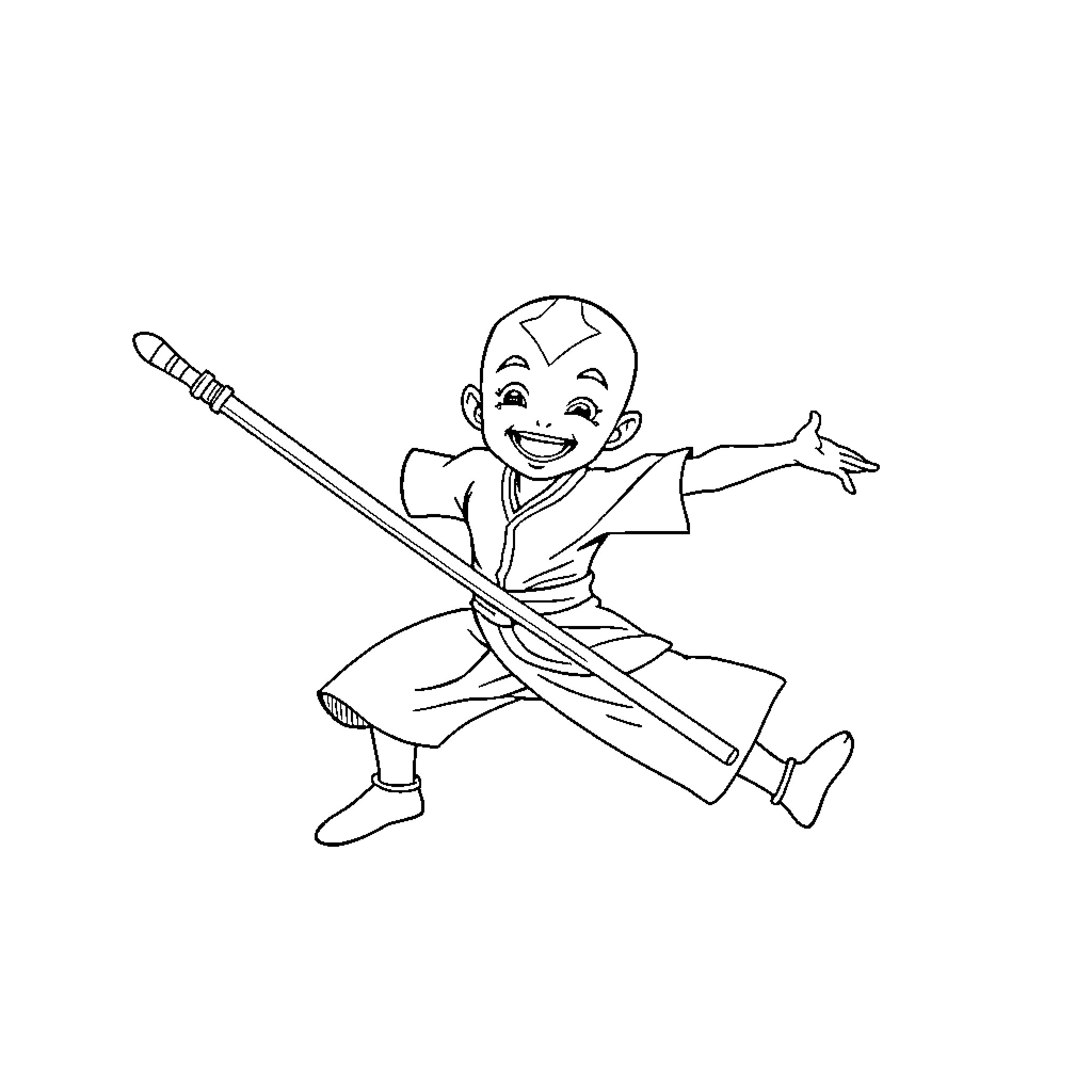 Aang celebrating joyfully with his staff Coloring Page (free black-and-white line drawing printable PDF for all, from beginners to advanced learners, including children, teens, adults, and seniors)