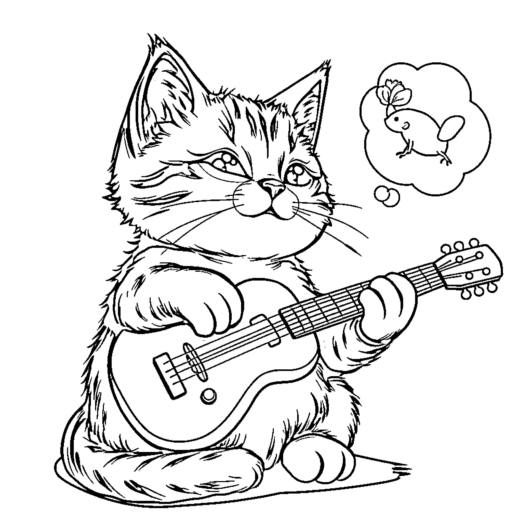 Cat playing guitar and dreaming of birds Coloring Page (free black-and-white line drawing printable PDF for all, from beginners to advanced learners, including children, teens, adults, and seniors)