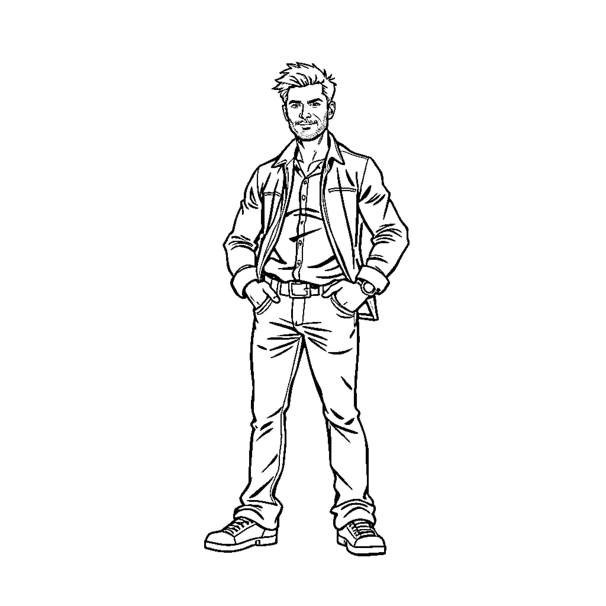Adult man in casual outfit standing Coloring Page (free black-and-white line drawing printable PDF for all, from beginners to advanced learners, including children, teens, adults, and seniors)