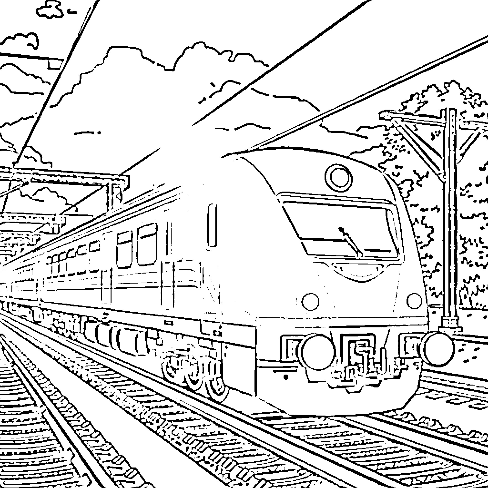 Train speeding through scenic landscape Coloring Page (free black-and-white line drawing printable PDF for all, from beginners to advanced learners, including children, teens, adults, and seniors)
