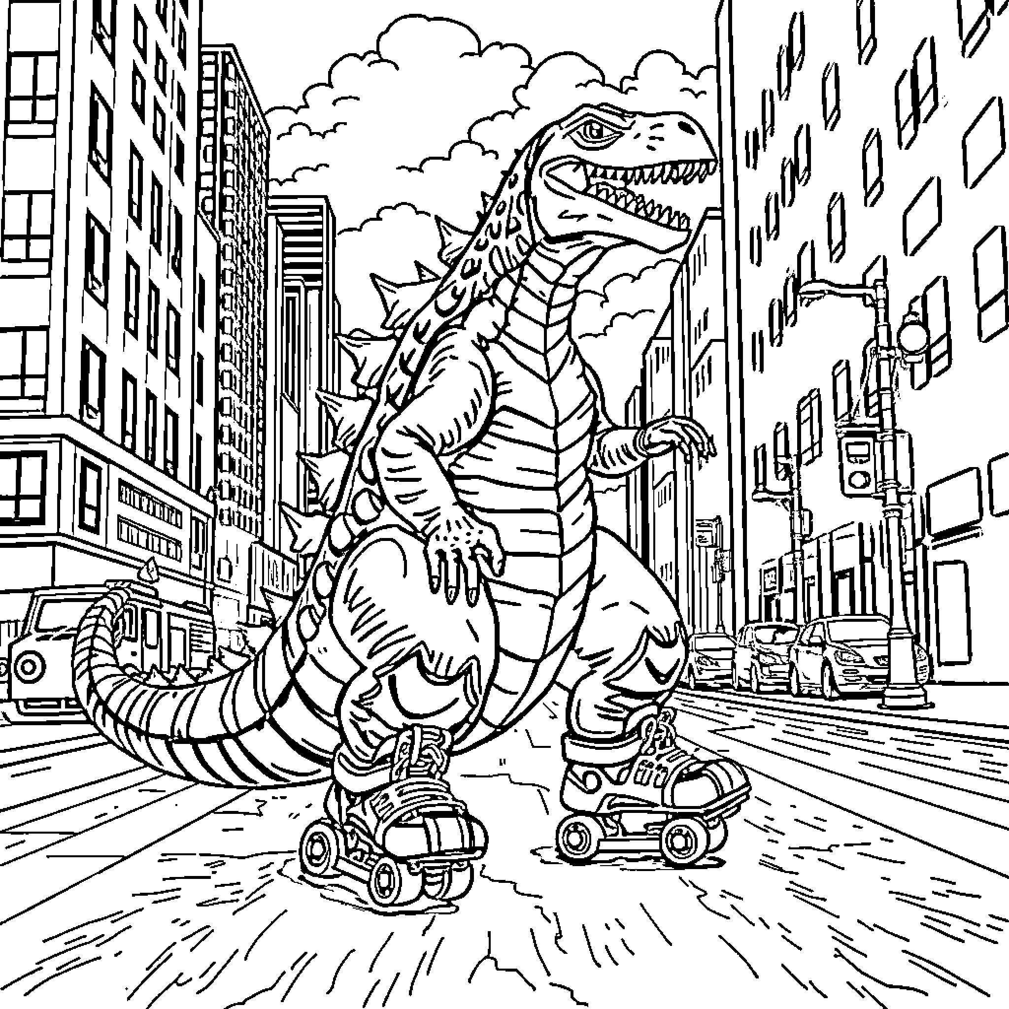 Godzilla wreaking havoc in the city streets Coloring Page (free black-and-white line drawing printable PDF for all, from beginners to advanced learners, including children, teens, adults, and seniors)