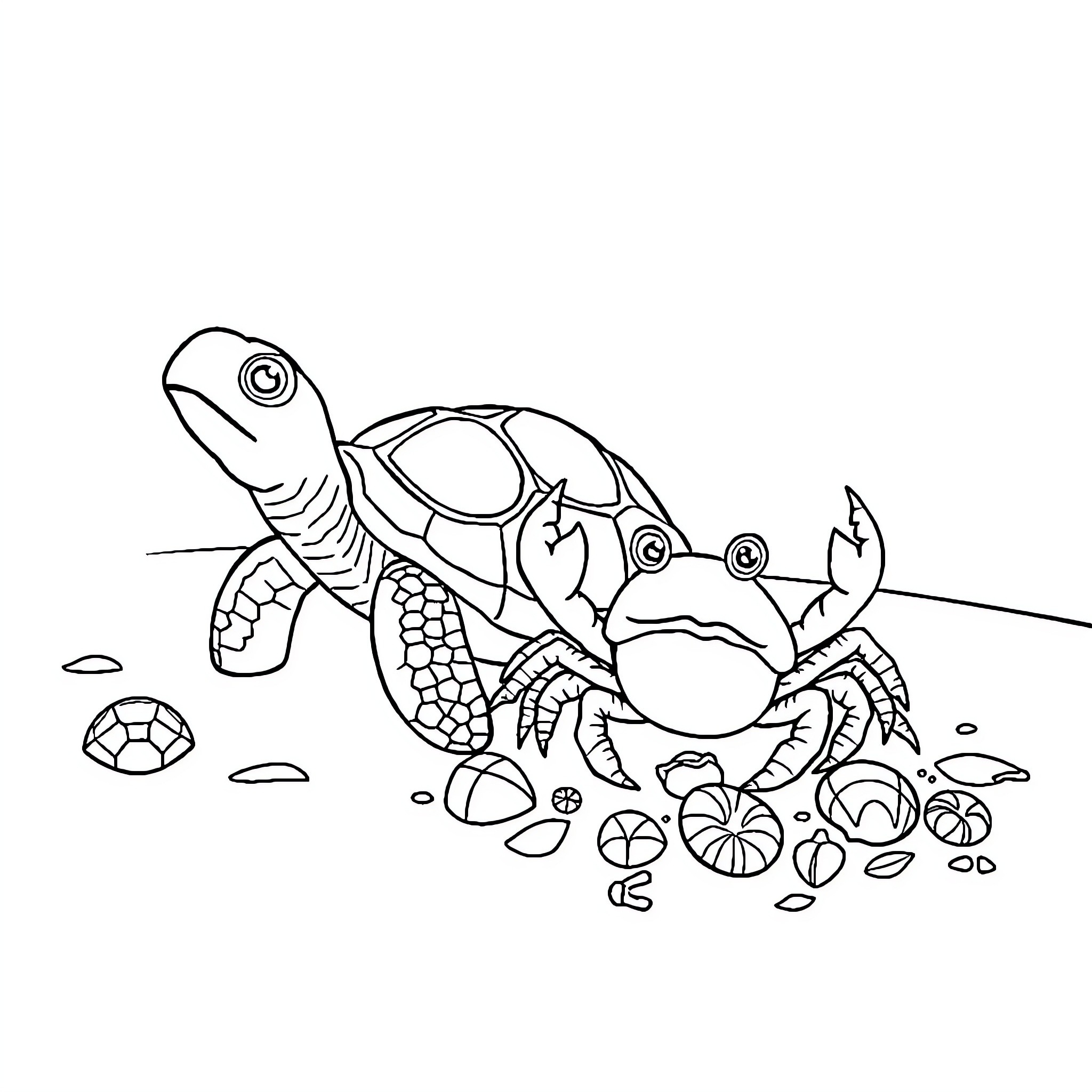 Turtle exploring nature with crustacean companion Coloring Page (free black-and-white line drawing printable PDF for all, from beginners to advanced learners, including children, teens, adults, and seniors)