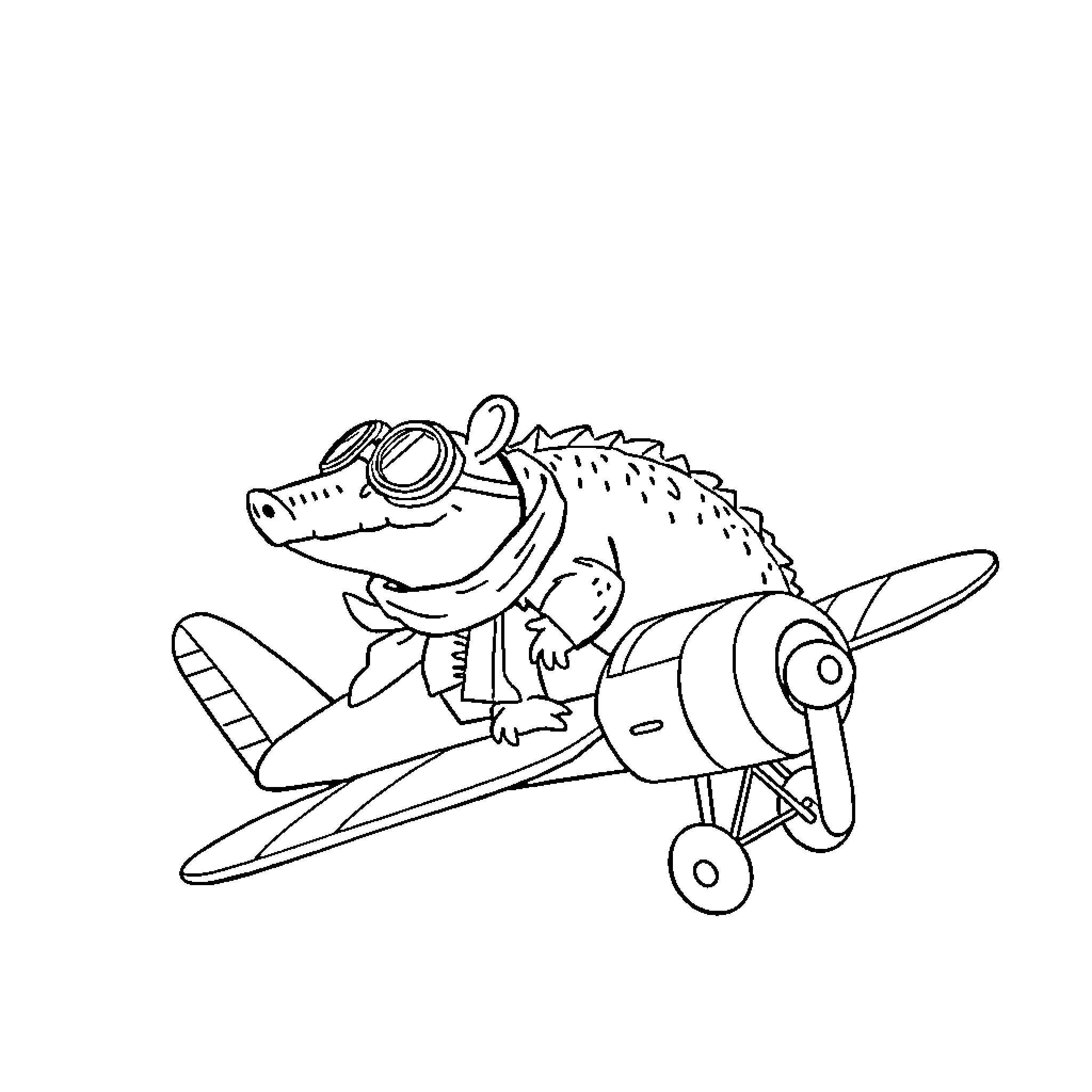 Armadillo pilot flying a biplane Coloring Page (free black-and-white line drawing printable PDF for all, from beginners to advanced learners, including children, teens, adults, and seniors)