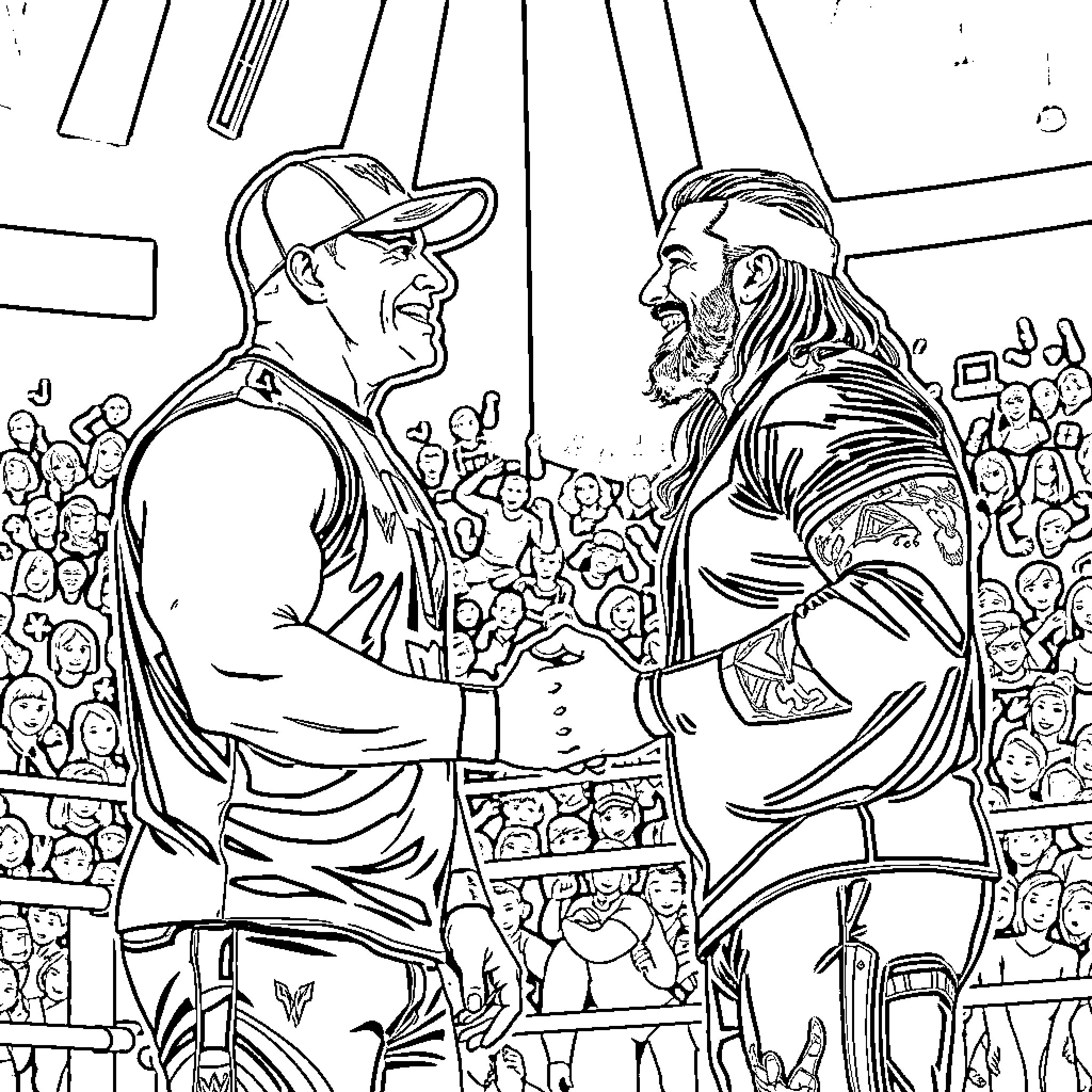 John Cena shakes hands with iconic wrestler in the ring Coloring Page (free black-and-white line drawing printable PDF for all, from beginners to advanced learners, including children, teens, adults, and seniors)