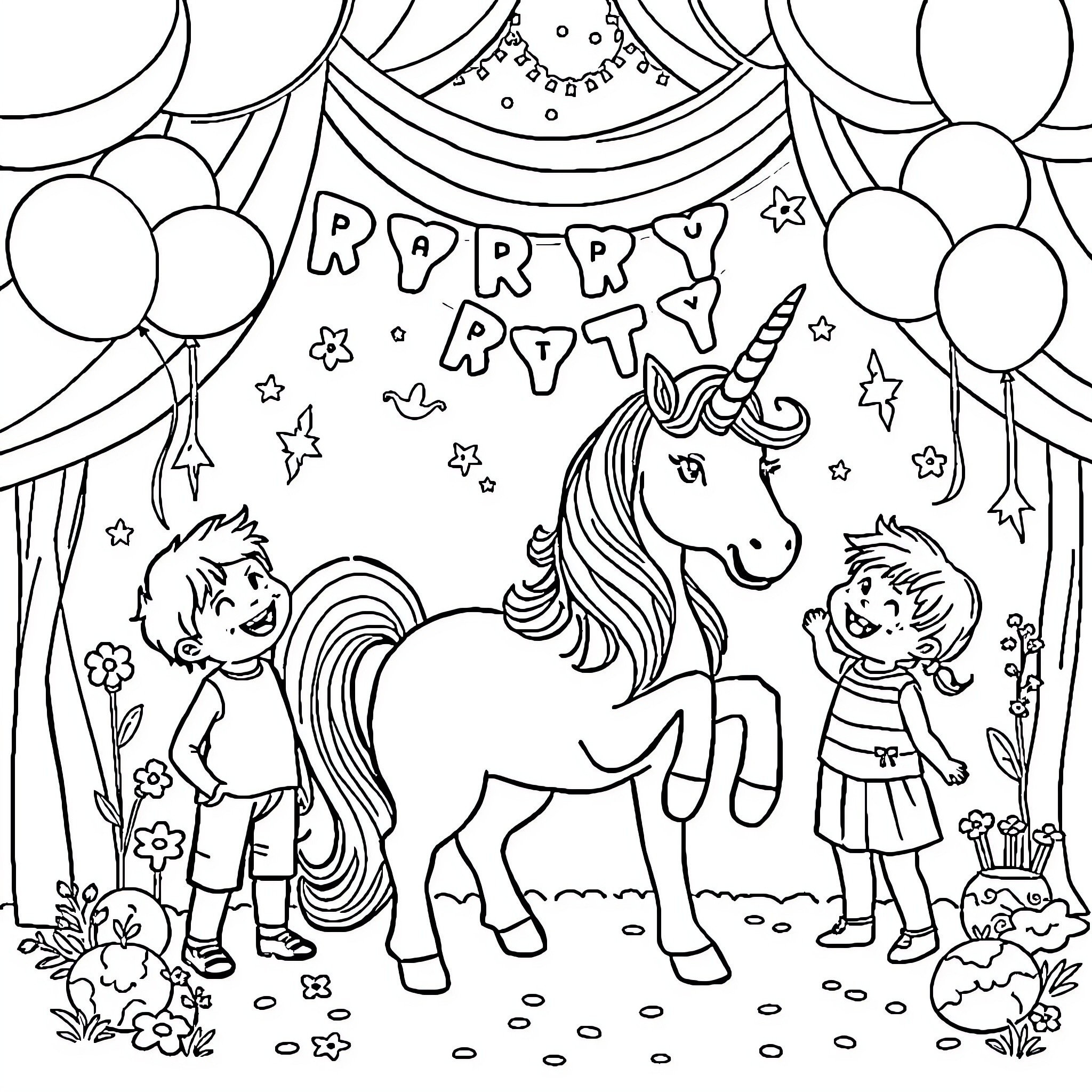 Unicorn Party with Joyful Children Coloring Page (free black-and-white line drawing printable PDF for all, from beginners to advanced learners, including children, teens, adults, and seniors)