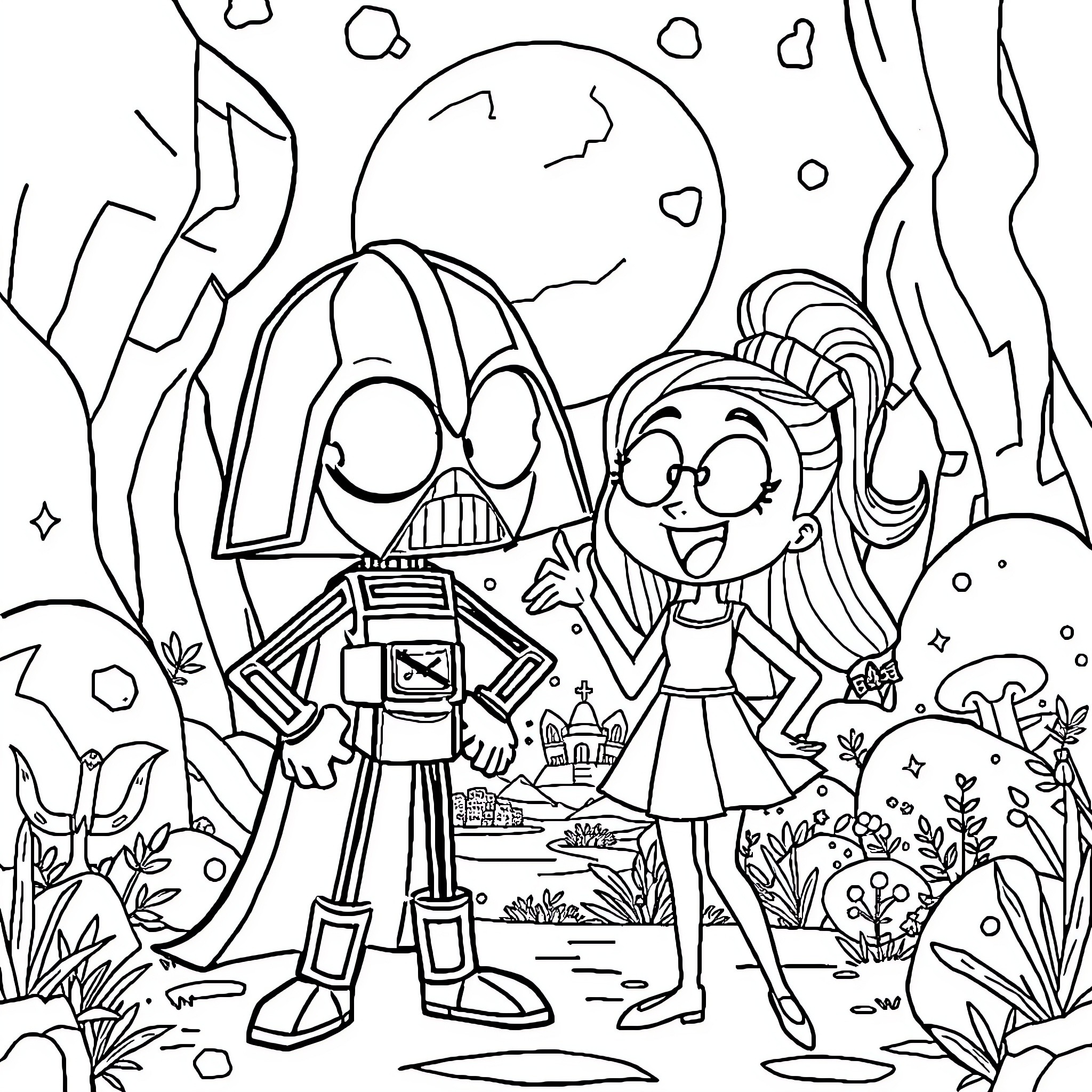 Invader Zim and Gir having an adventure in a whimsical landscape Coloring Page (free black-and-white line drawing printable PDF for all, from beginners to advanced learners, including children, teens, adults, and seniors)