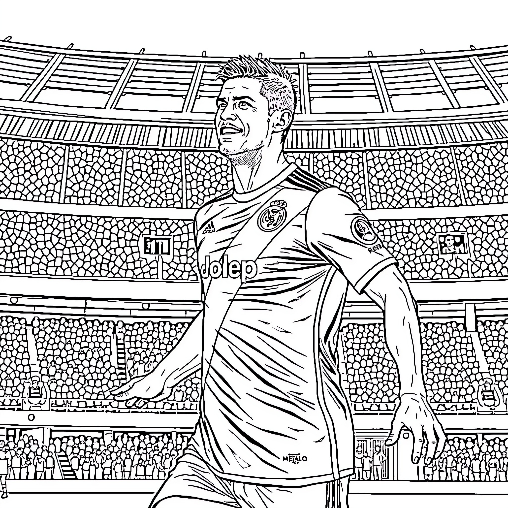 Ronaldo celebrates victory on the pitch Coloring Page (free black-and-white line drawing printable PDF for all, from beginners to advanced learners, including children, teens, adults, and seniors)