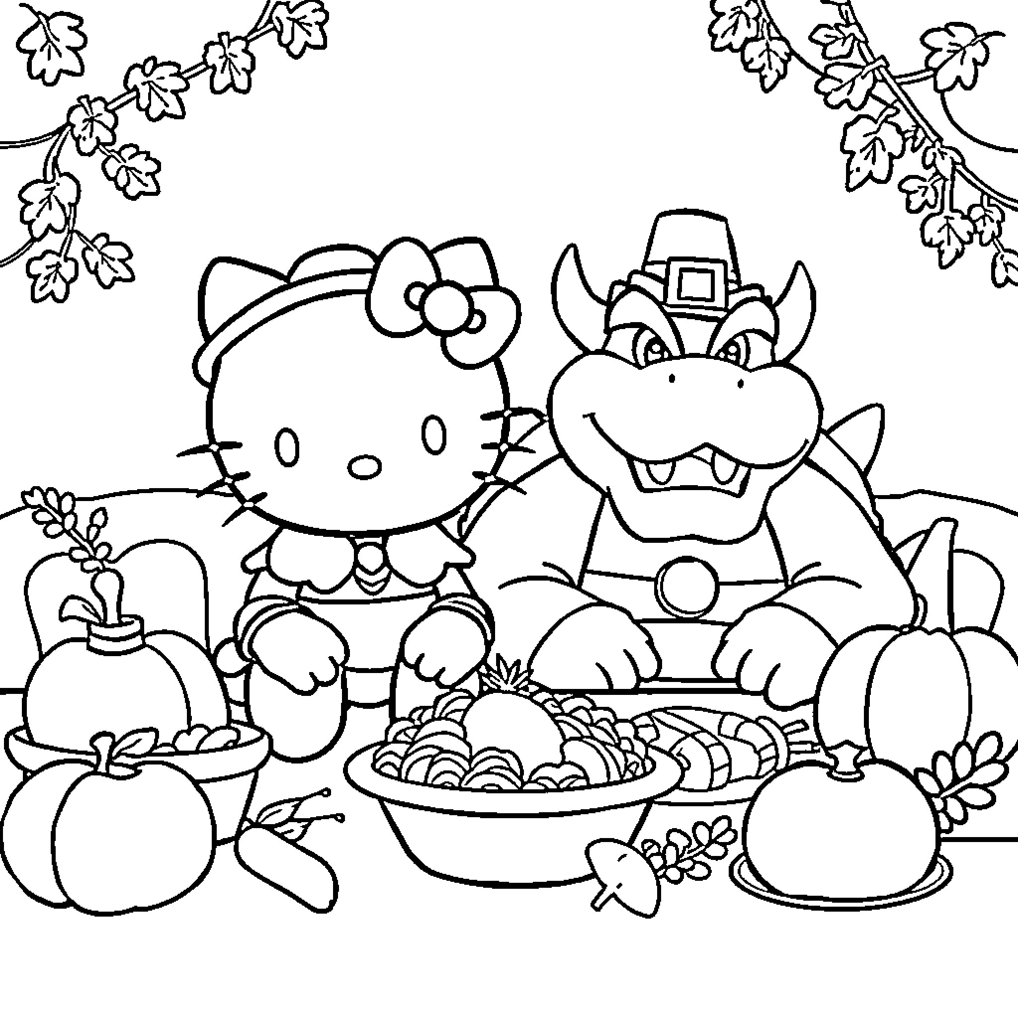 Hello Kitty and Friends Celebrate Thanksgiving Coloring Page (free black-and-white line drawing printable PDF for all, from beginners to advanced learners, including children, teens, adults, and seniors)