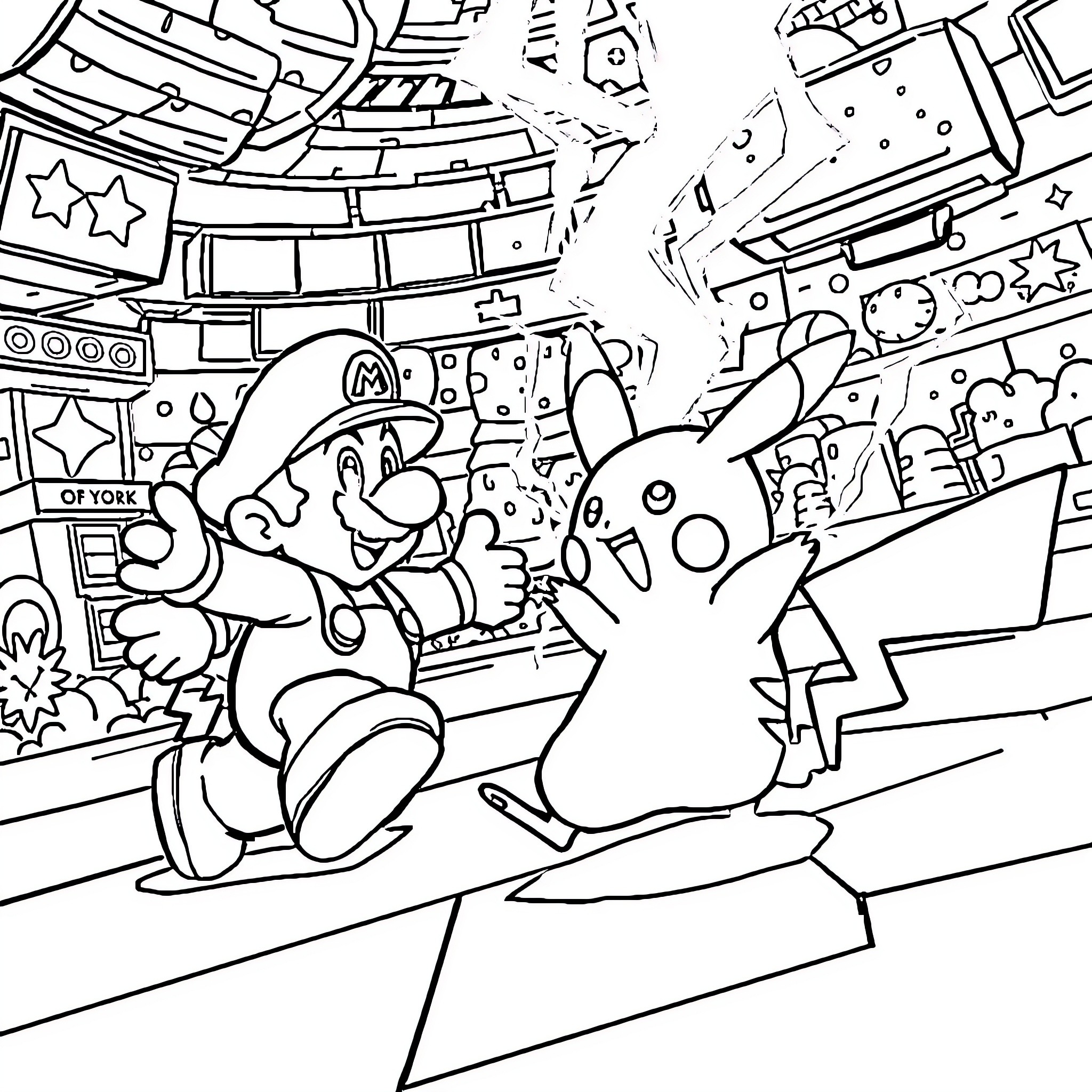 Pikachu and Mario in a Whimsical Adventure Coloring Page (free black-and-white line drawing printable PDF for all, from beginners to advanced learners, including children, teens, adults, and seniors)