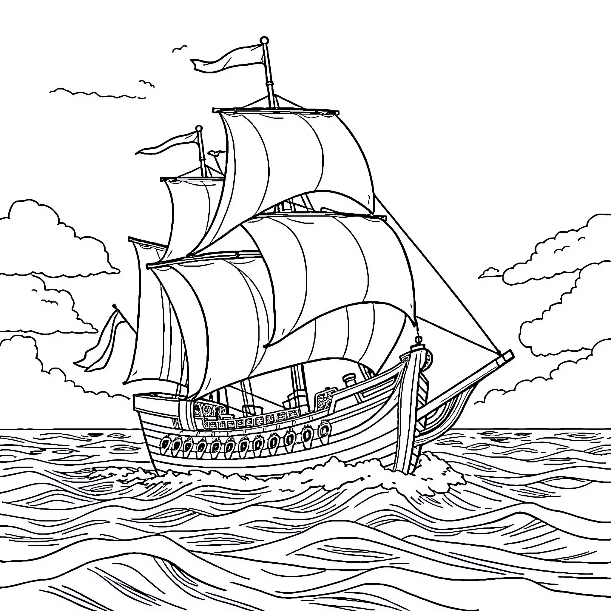Pirate Ship Sailing Across the Waves Coloring Page (free black-and-white line drawing printable PDF for all, from beginners to advanced learners, including children, teens, adults, and seniors)