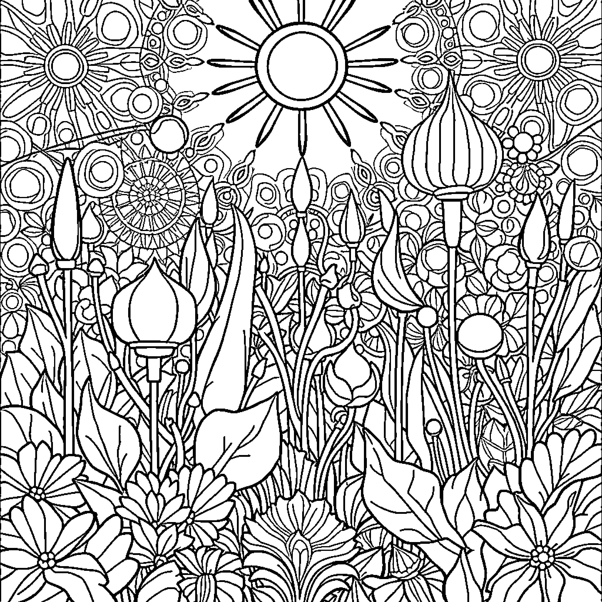 La Grande Combinasion of Vibrant Flowers and Shapes Coloring Page (free black-and-white line drawing printable PDF for all, from beginners to advanced learners, including children, teens, adults, and seniors)