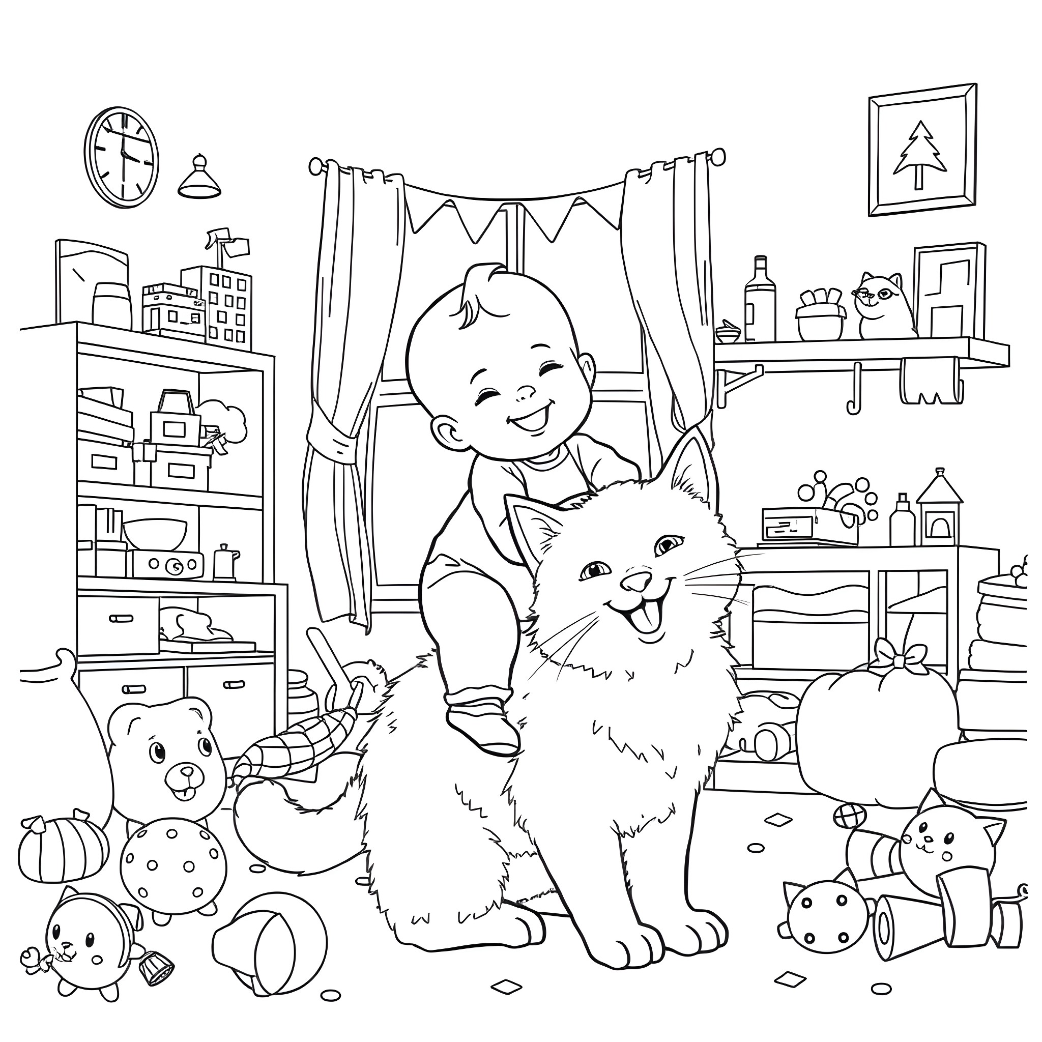 Baby playing happily with pets in the room Coloring Page (free black-and-white line drawing printable PDF for all, from beginners to advanced learners, including children, teens, adults, and seniors)