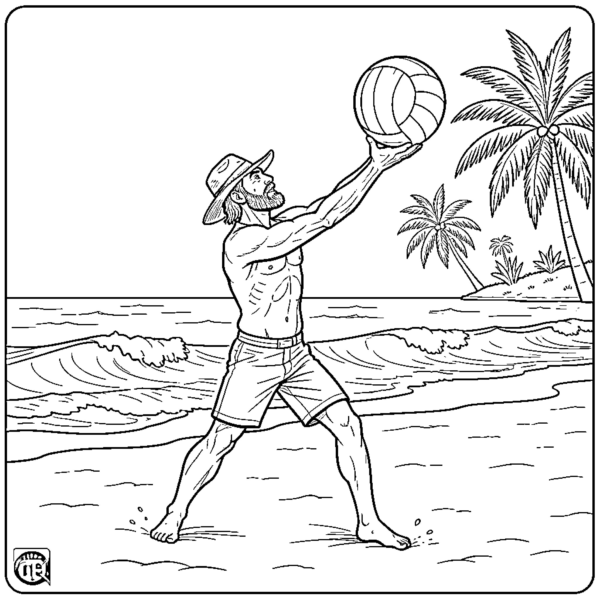 Badman playing volleyball on a sunny beach Coloring Page (free black-and-white line drawing printable PDF for all, from beginners to advanced learners, including children, teens, adults, and seniors)