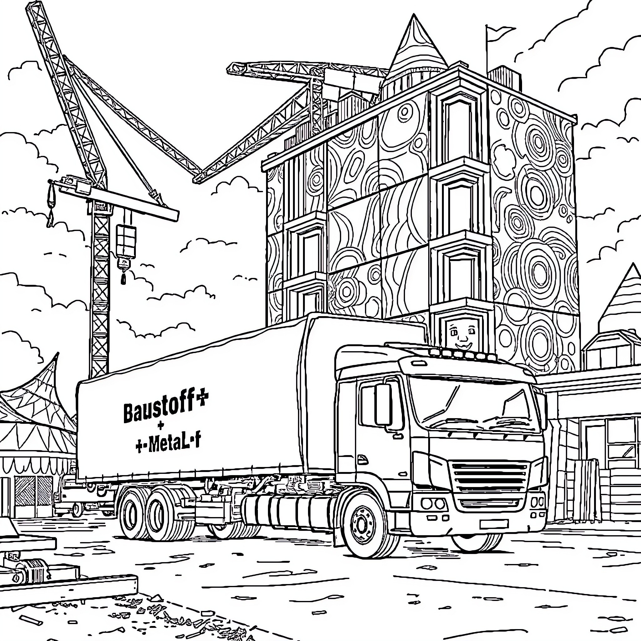 Truck transporting construction materials at industrial site Coloring Page (free black-and-white line drawing printable PDF for all, from beginners to advanced learners, including children, teens, adults, and seniors)