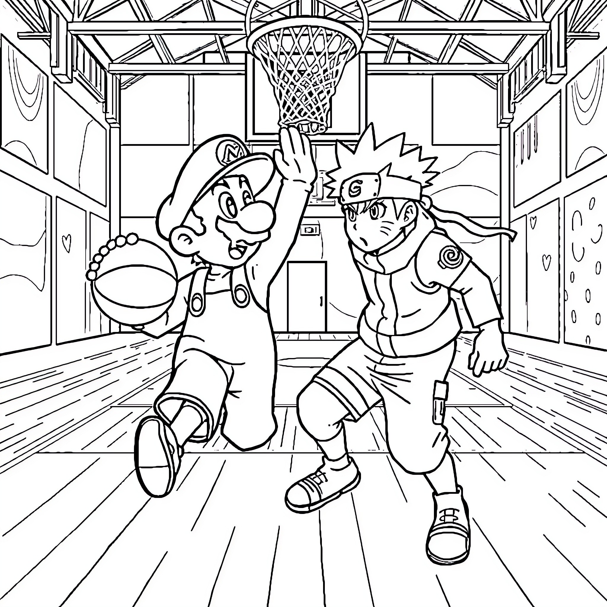 Mario and Naruto playing basketball together Coloring Page (free black-and-white line drawing printable PDF for all, from beginners to advanced learners, including children, teens, adults, and seniors)