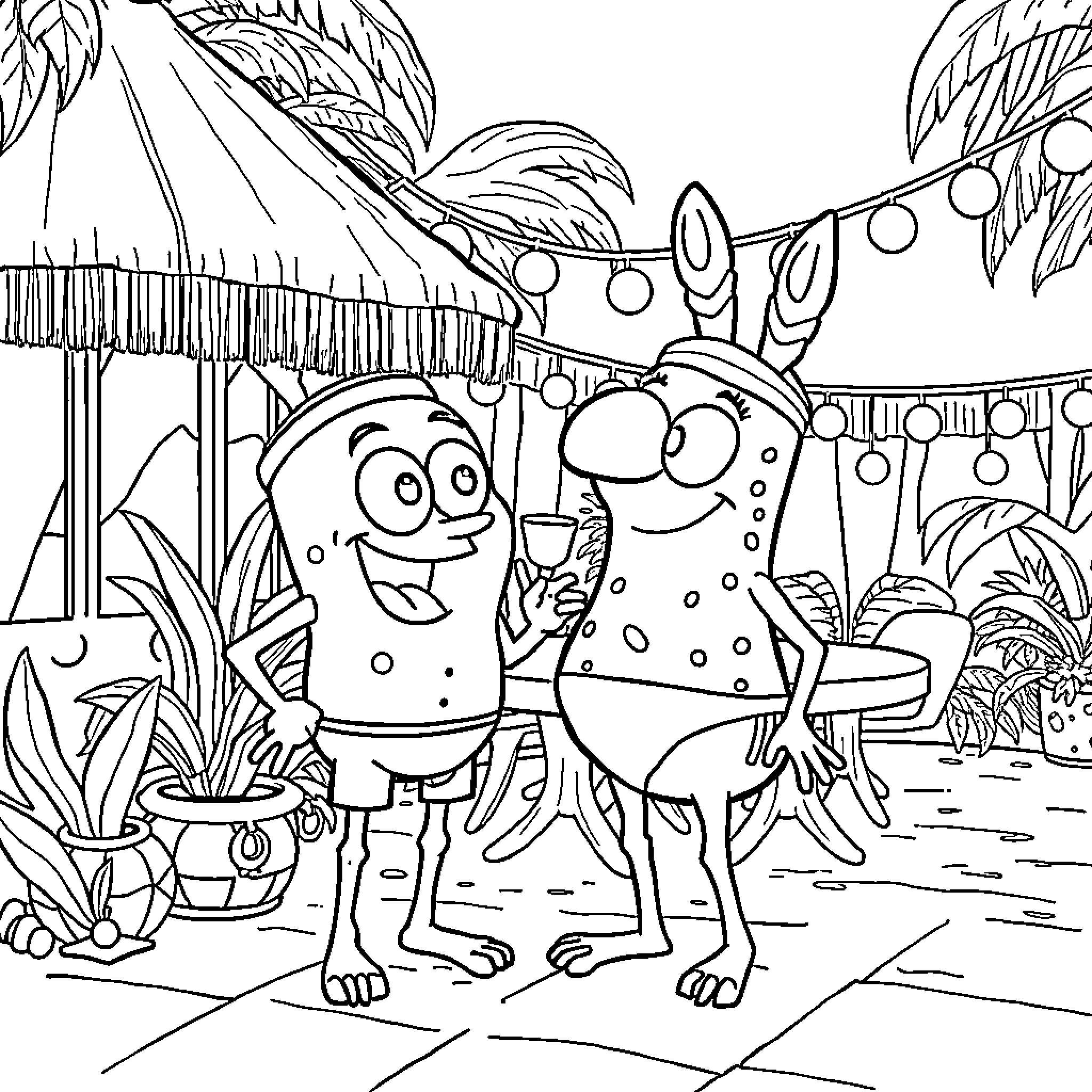 Bob esponja and his friend having a tropical adventure Coloring Page (free black-and-white line drawing printable PDF for all, from beginners to advanced learners, including children, teens, adults, and seniors)