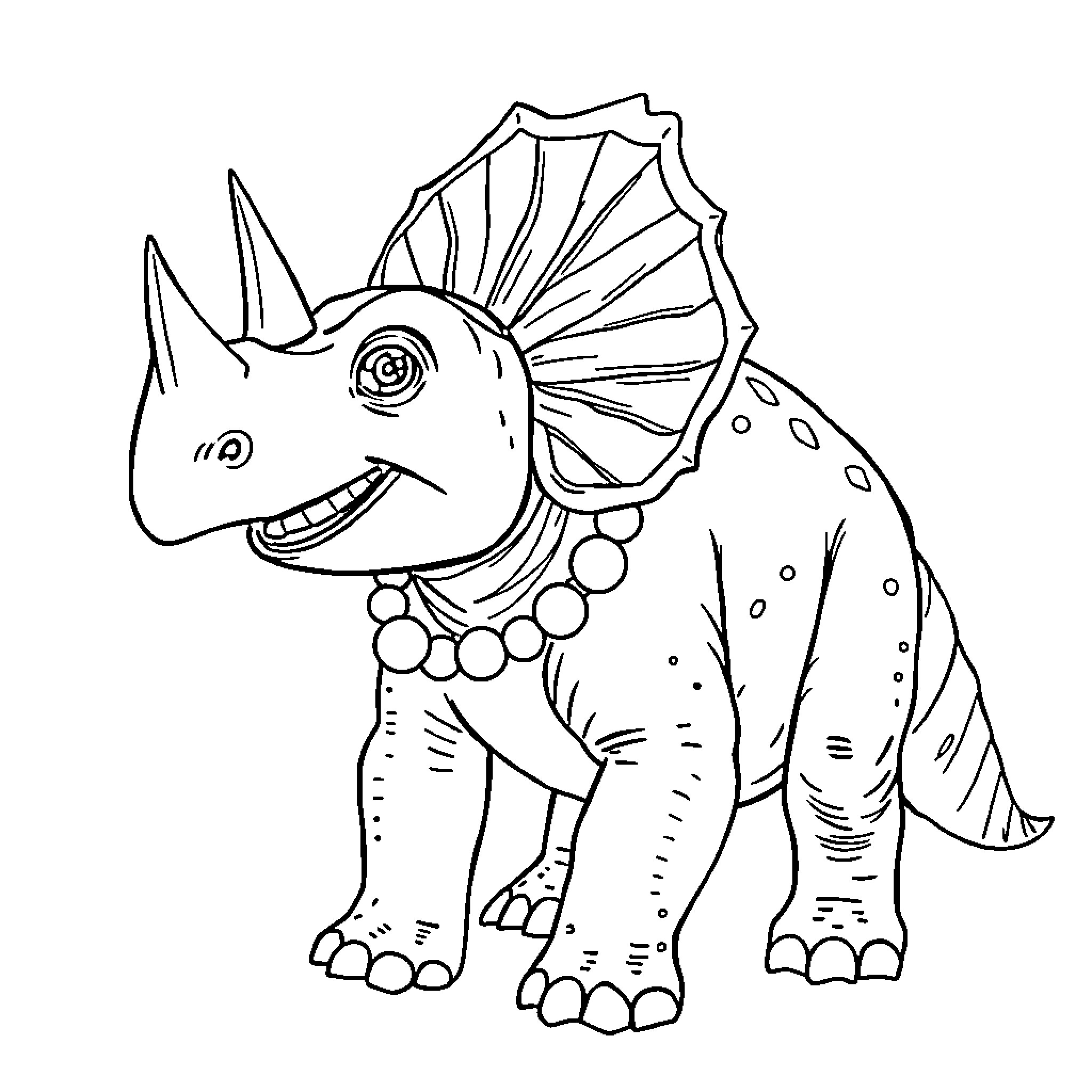 Triceratops dressed in fancy costume Coloring Page (free black-and-white line drawing printable PDF for all, from beginners to advanced learners, including children, teens, adults, and seniors)