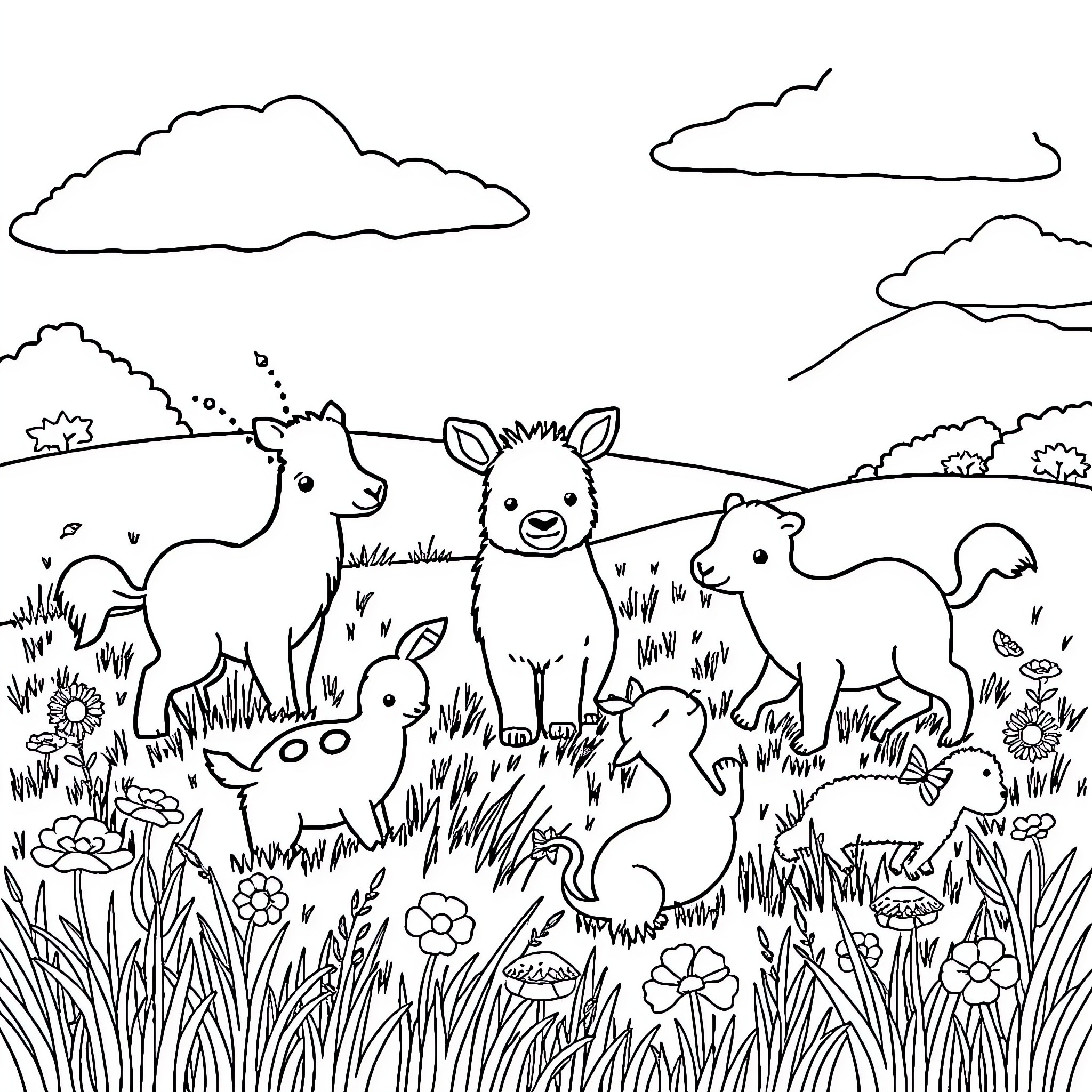 Animal Families Enjoying Outdoor Scenery Coloring Page (free black-and-white line drawing printable PDF for all, from beginners to advanced learners, including children, teens, adults, and seniors)