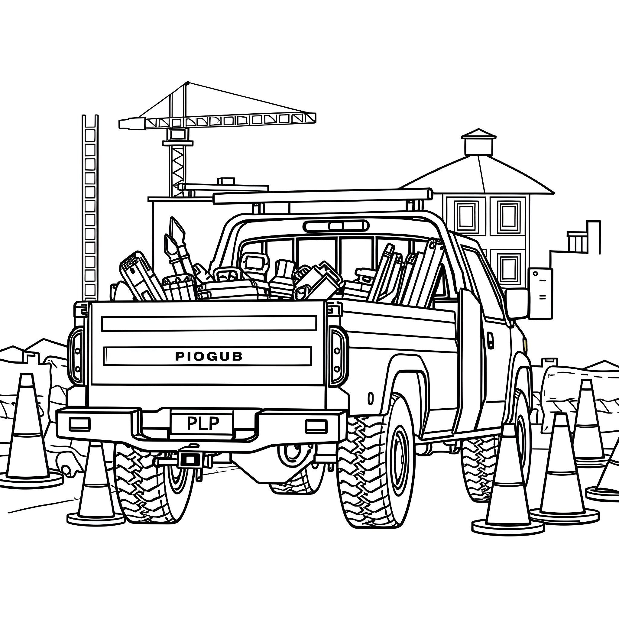 Truck Loaded with Construction Supplies Coloring Page (free black-and-white line drawing printable PDF for all, from beginners to advanced learners, including children, teens, adults, and seniors)