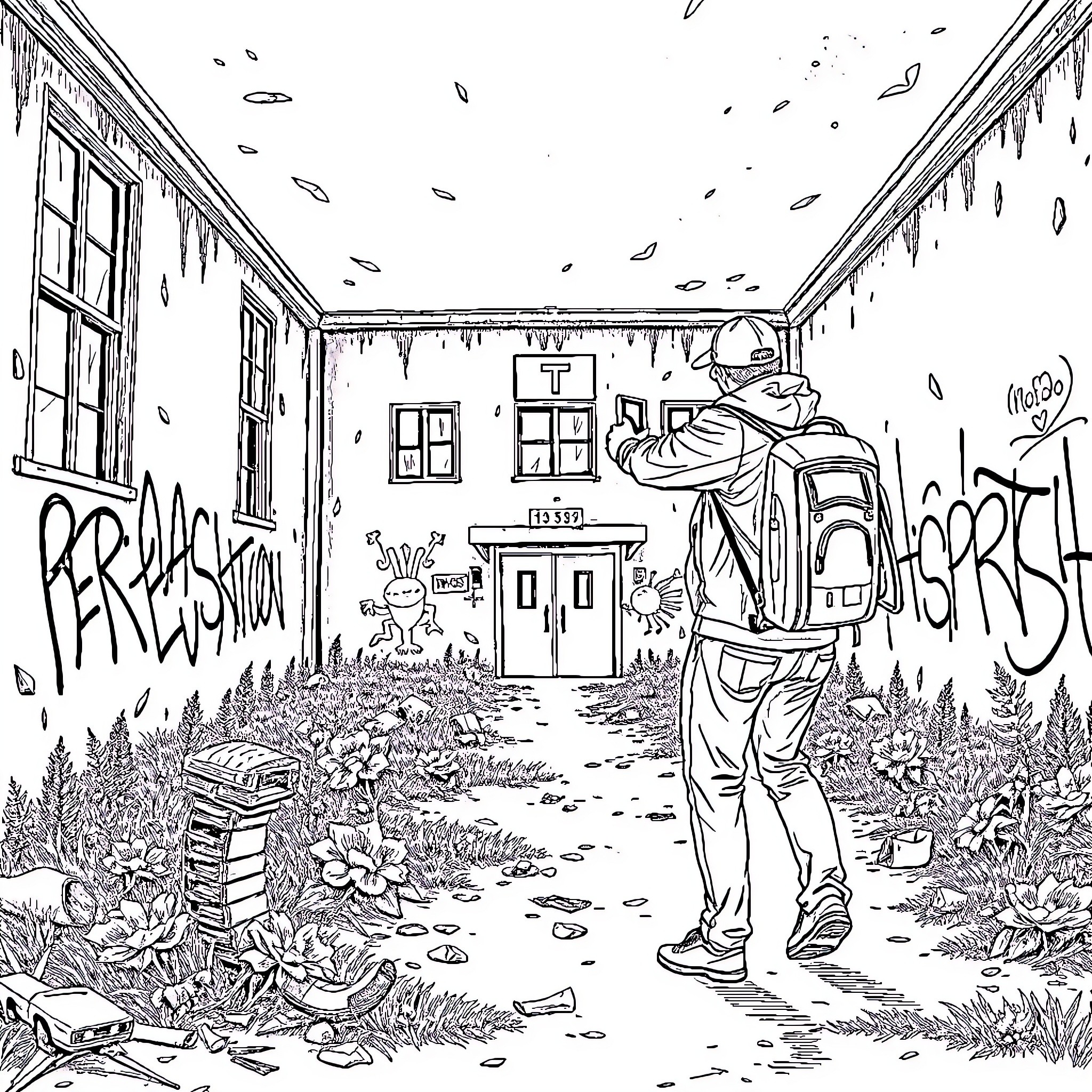 Youtuber exploring abandoned school with graffiti Coloring Page (free black-and-white line drawing printable PDF for all, from beginners to advanced learners, including children, teens, adults, and seniors)