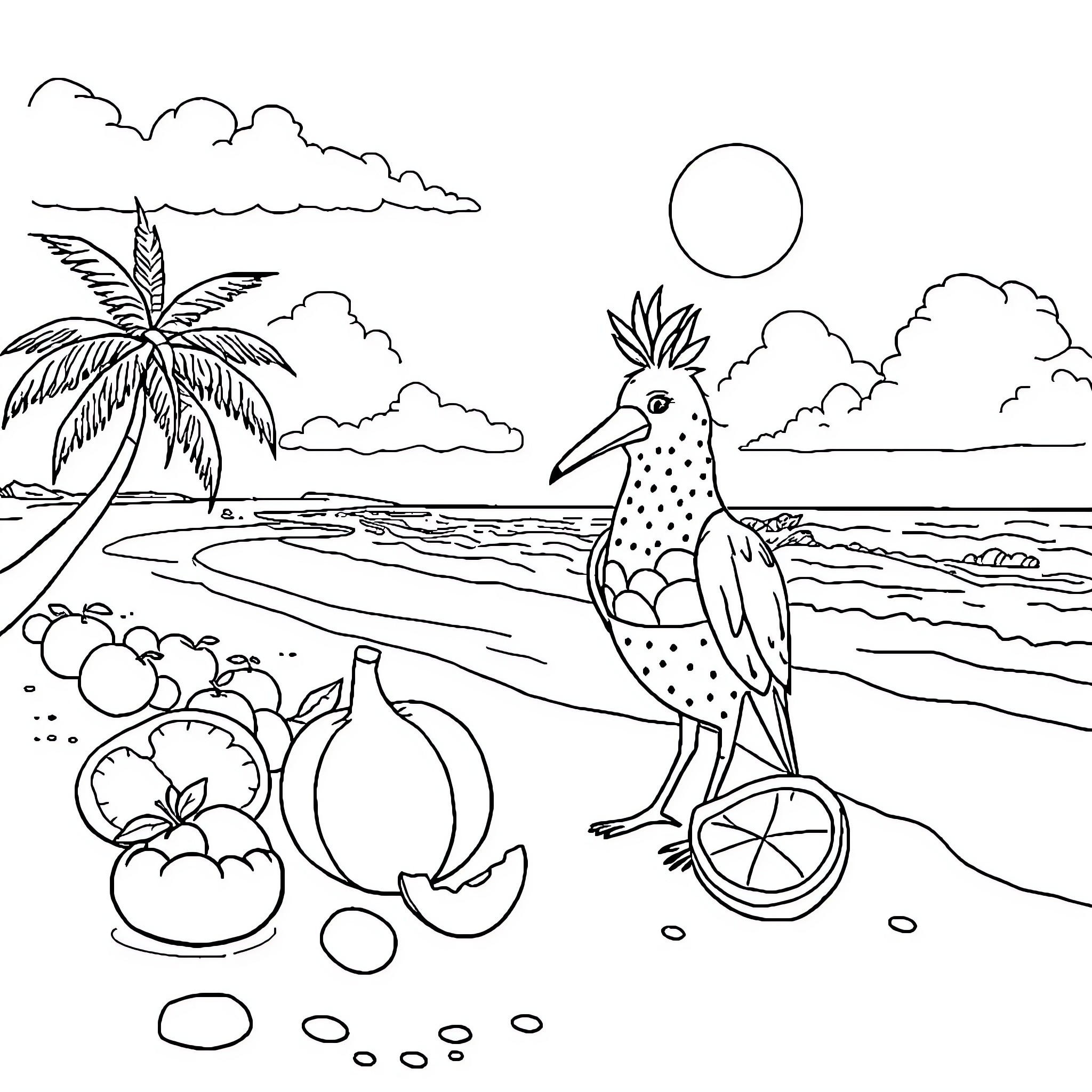 Biloutte bird enjoying tropical beach scene Coloring Page (free black-and-white line drawing printable PDF for all, from beginners to advanced learners, including children, teens, adults, and seniors)