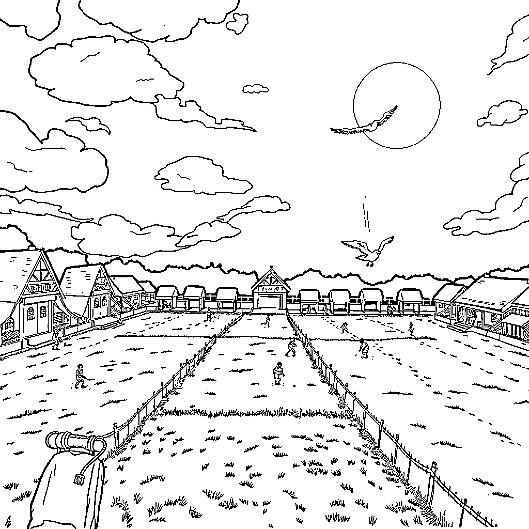 Quidditch match in a rural wizarding town Coloring Page (free black-and-white line drawing printable PDF for all, from beginners to advanced learners, including children, teens, adults, and seniors)