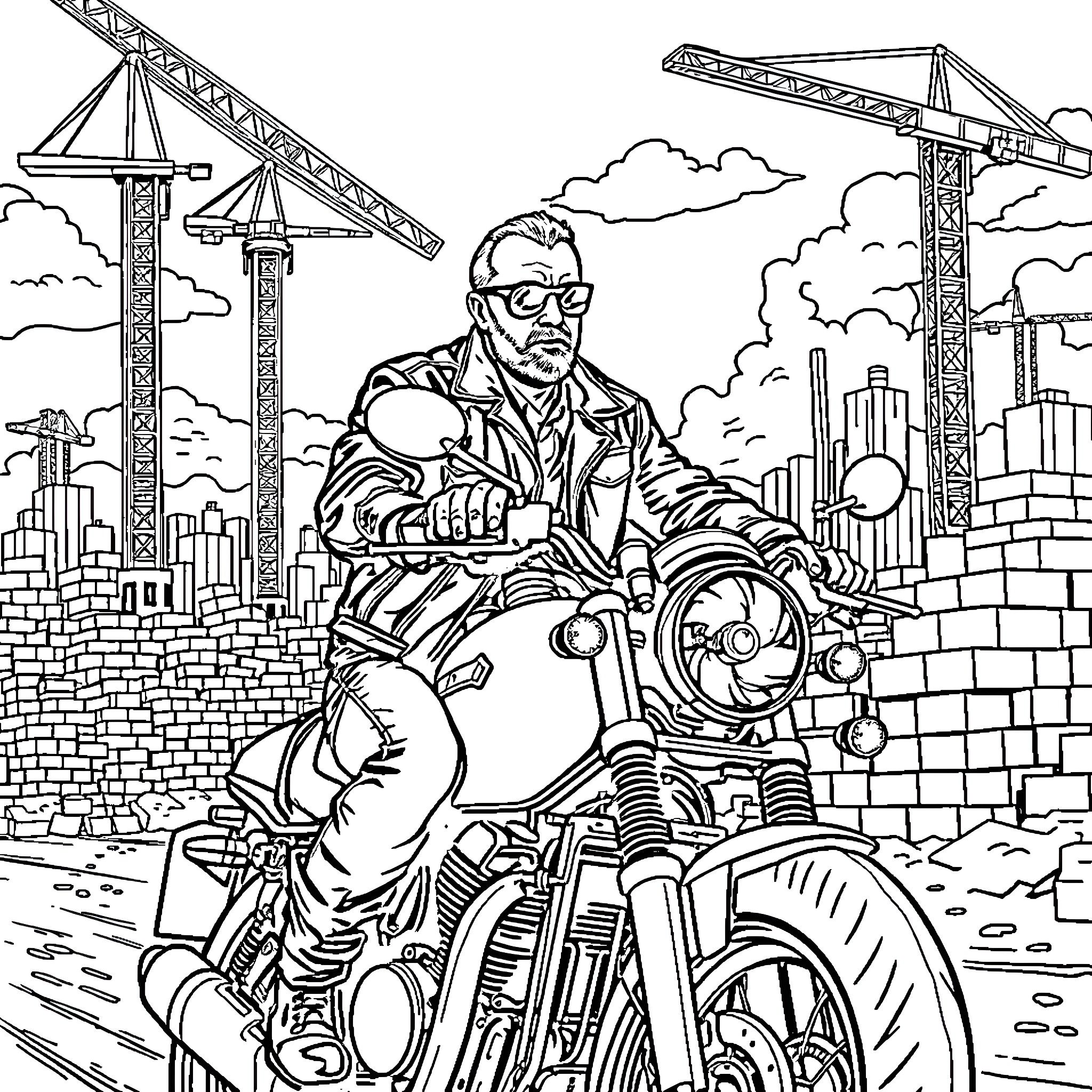 Biker riding motorcycle amidst construction site Coloring Page (free black-and-white line drawing printable PDF for all, from beginners to advanced learners, including children, teens, adults, and seniors)