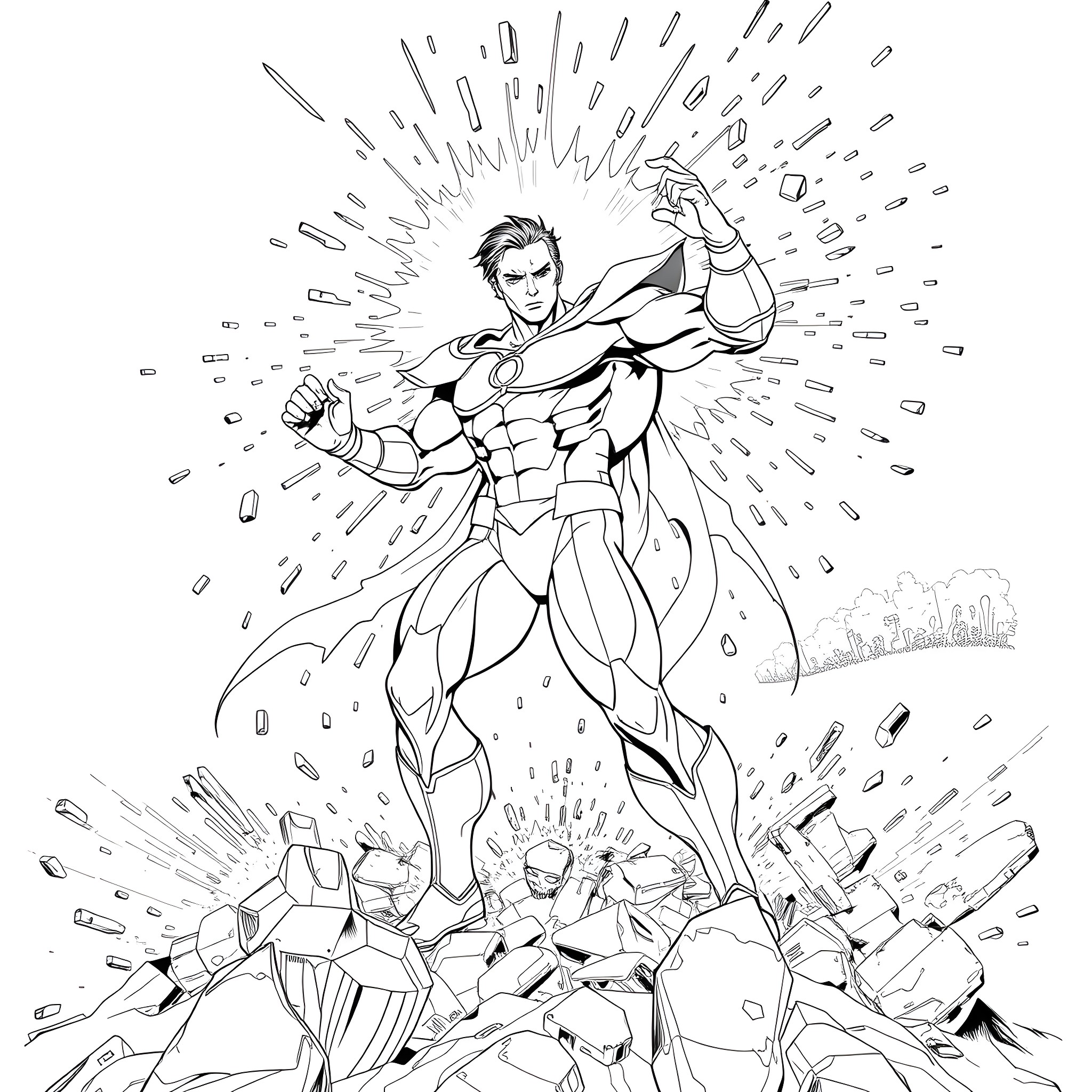 Omni Man destroying city and enemies Coloring Page (free black-and-white line drawing printable PDF for all, from beginners to advanced learners, including children, teens, adults, and seniors)