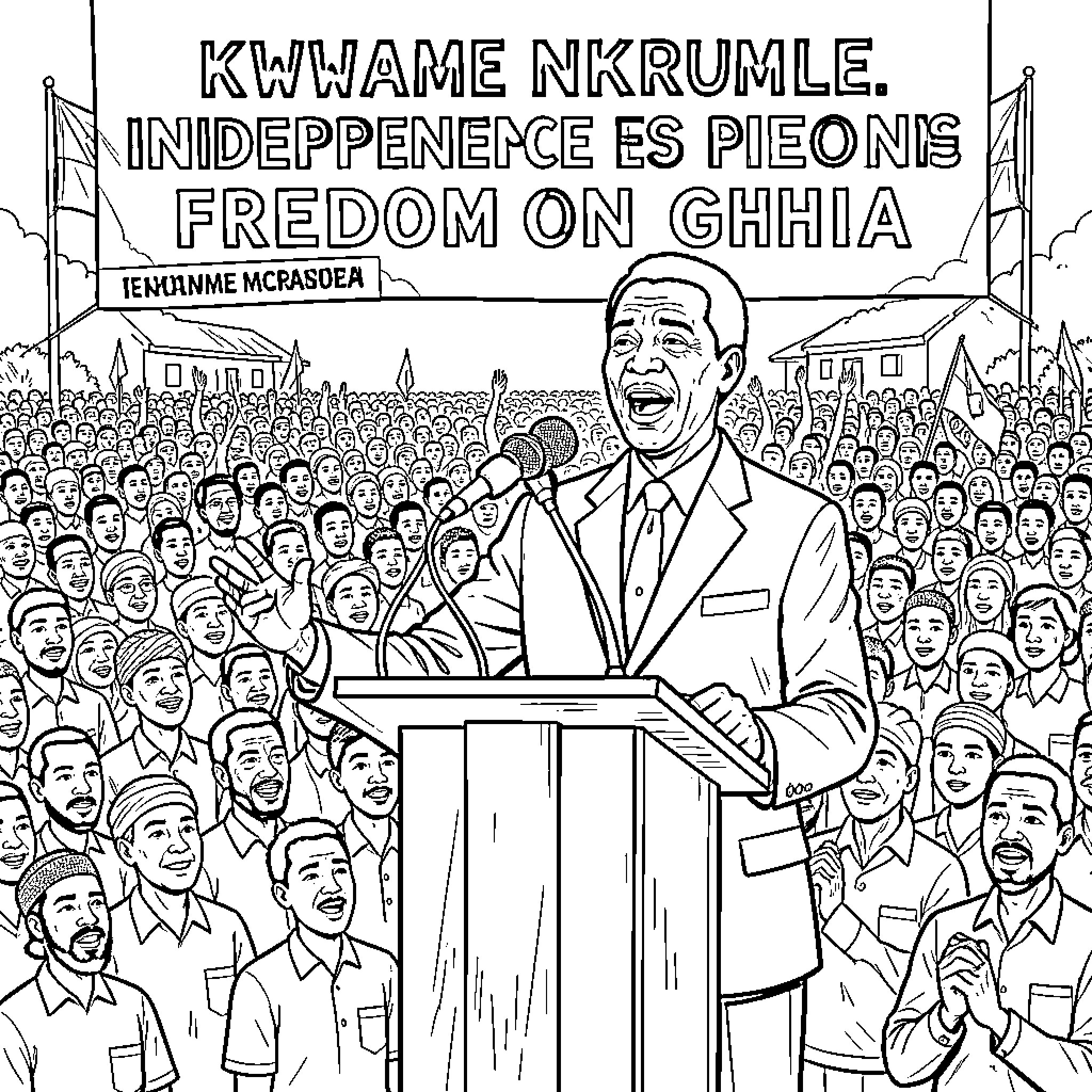 Kwame Nkrumah addressing a large crowd of supporters at an independence rally Coloring Page (free black-and-white line drawing printable PDF for all, from beginners to advanced learners, including children, teens, adults, and seniors)