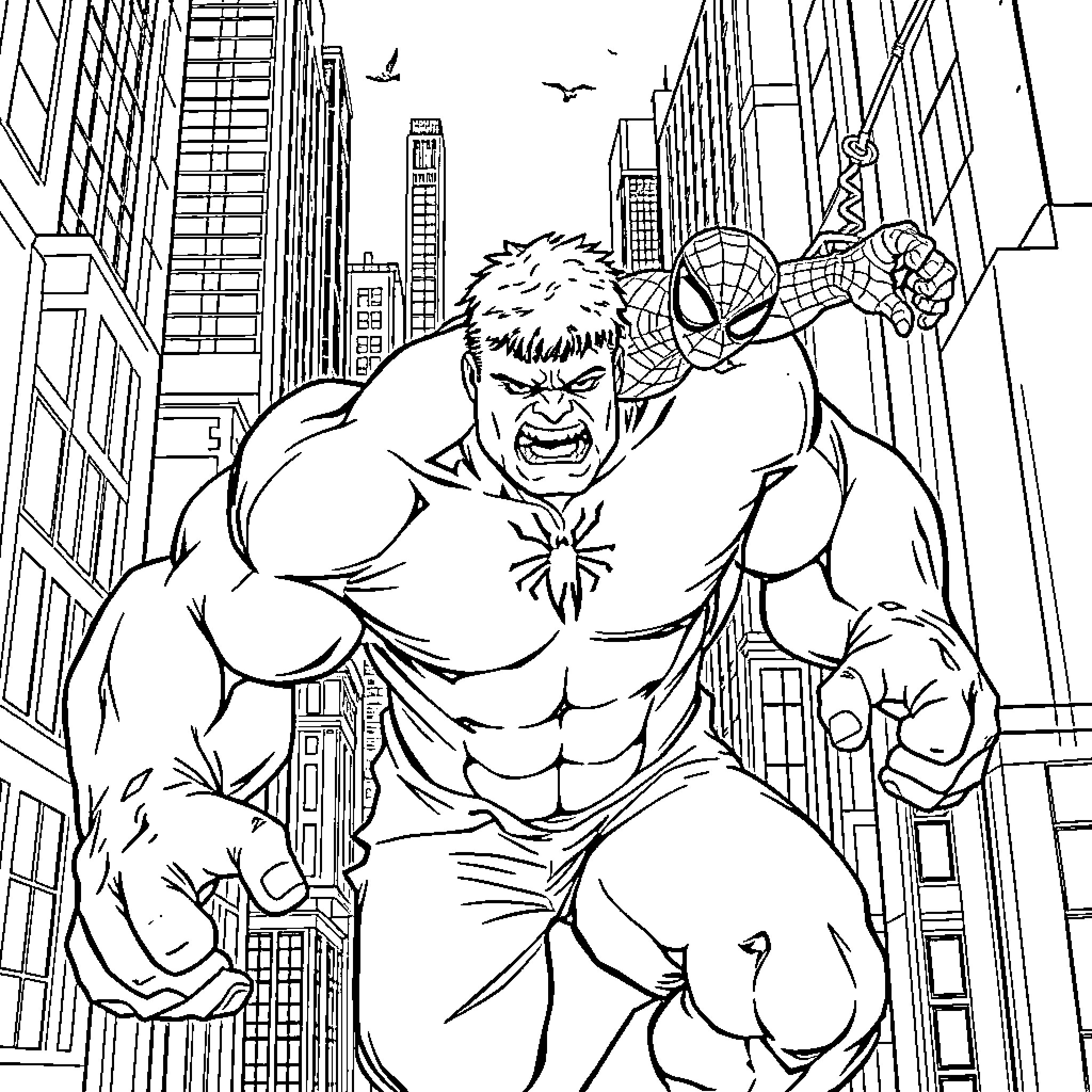 Hulk and Spider-Man confront city skyline Coloring Page (free black-and-white line drawing printable PDF for all, from beginners to advanced learners, including children, teens, adults, and seniors)