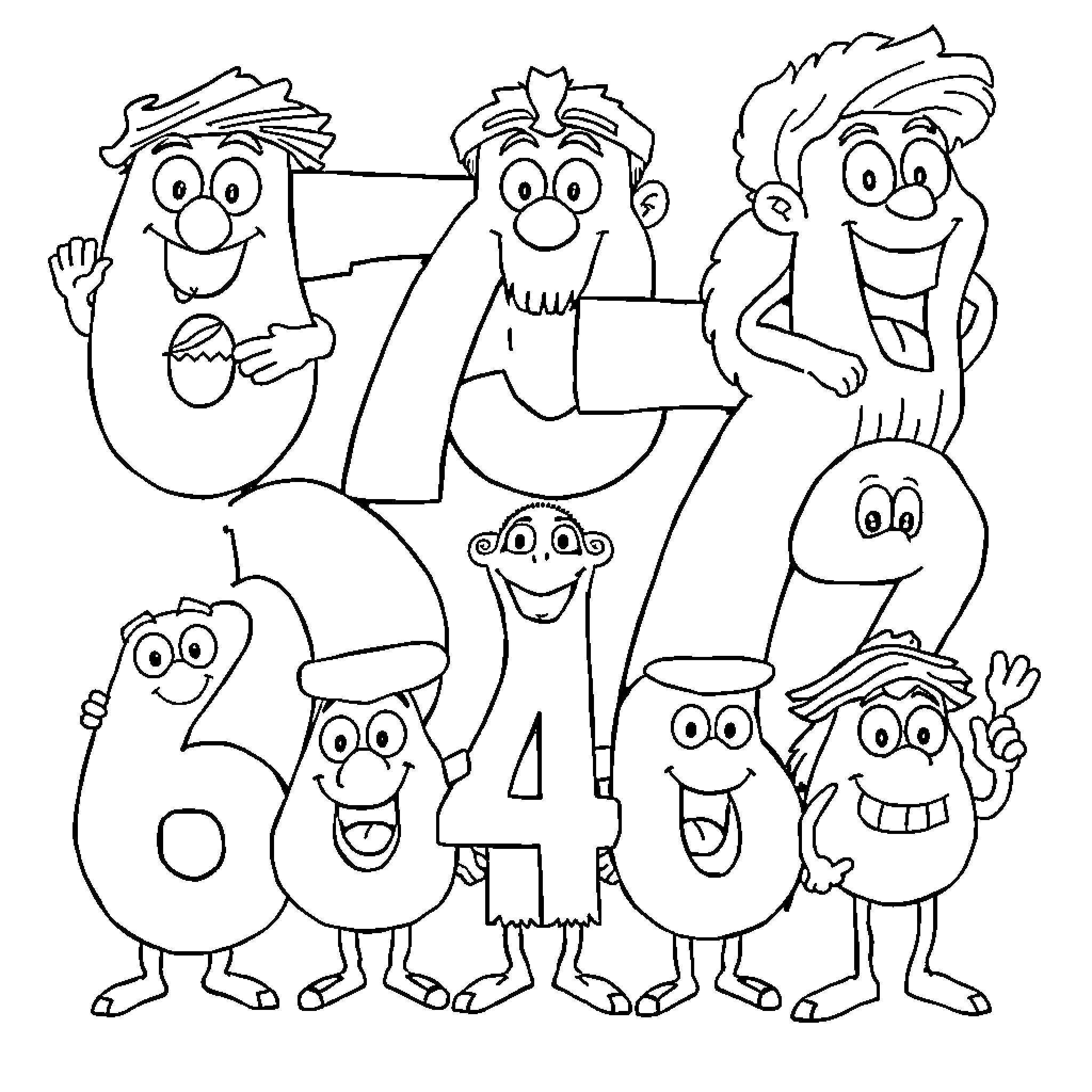 Number 67 Happy Cartoon Characters Coloring Page (free black-and-white line drawing printable PDF for all, from beginners to advanced learners, including children, teens, adults, and seniors)