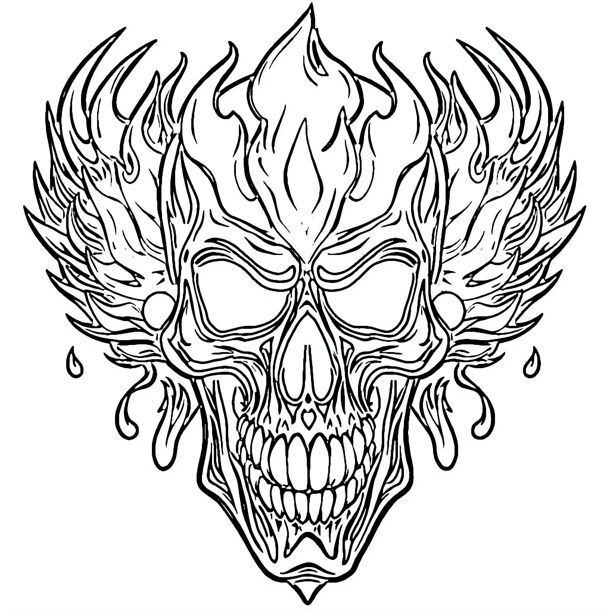 Skull with Fierce Flaming Expression Coloring Page (free black-and-white line drawing printable PDF for all, from beginners to advanced learners, including children, teens, adults, and seniors)
