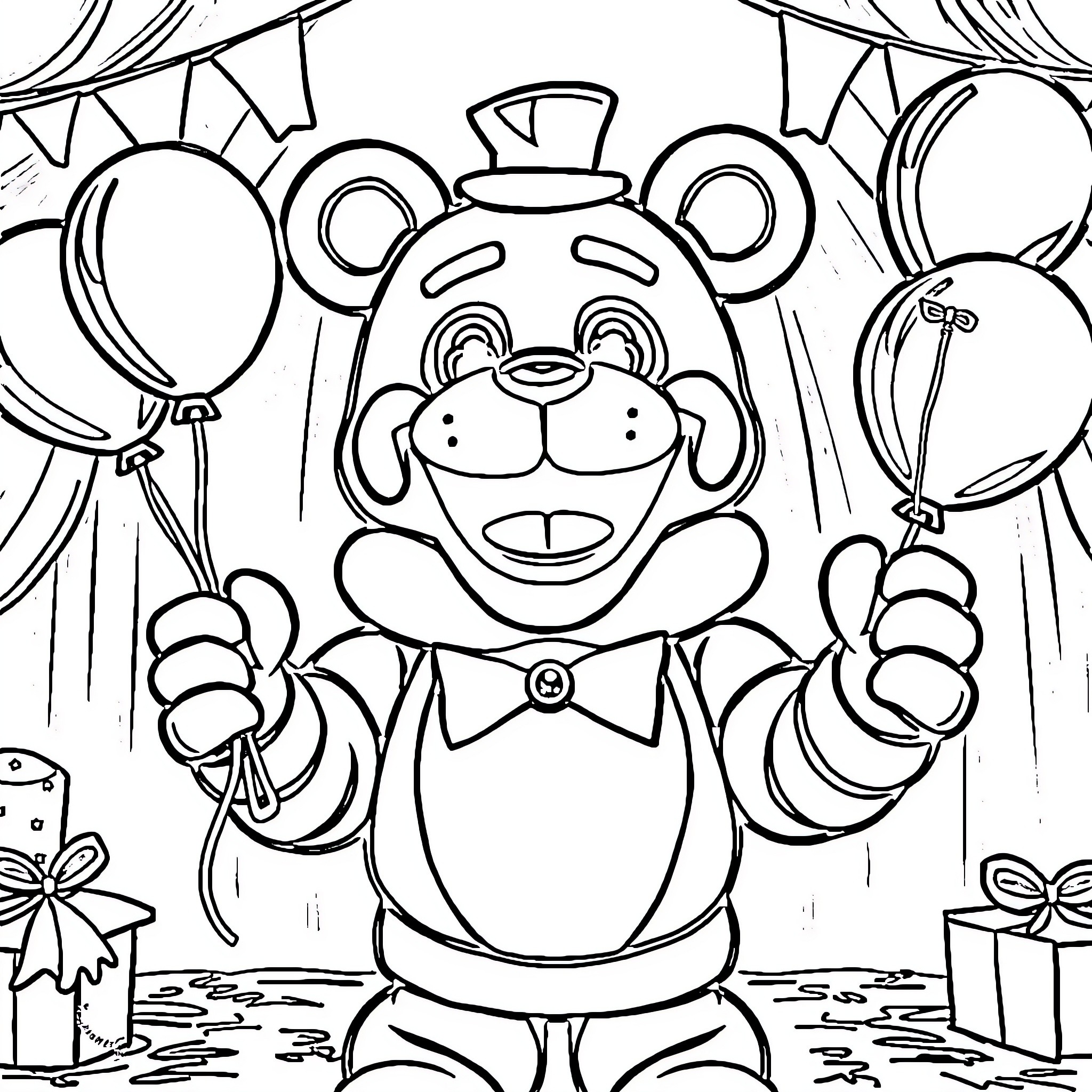 Freddy Fazbear Celebrating with Balloons and Gifts Coloring Page (free black-and-white line drawing printable PDF for all, from beginners to advanced learners, including children, teens, adults, and seniors)
