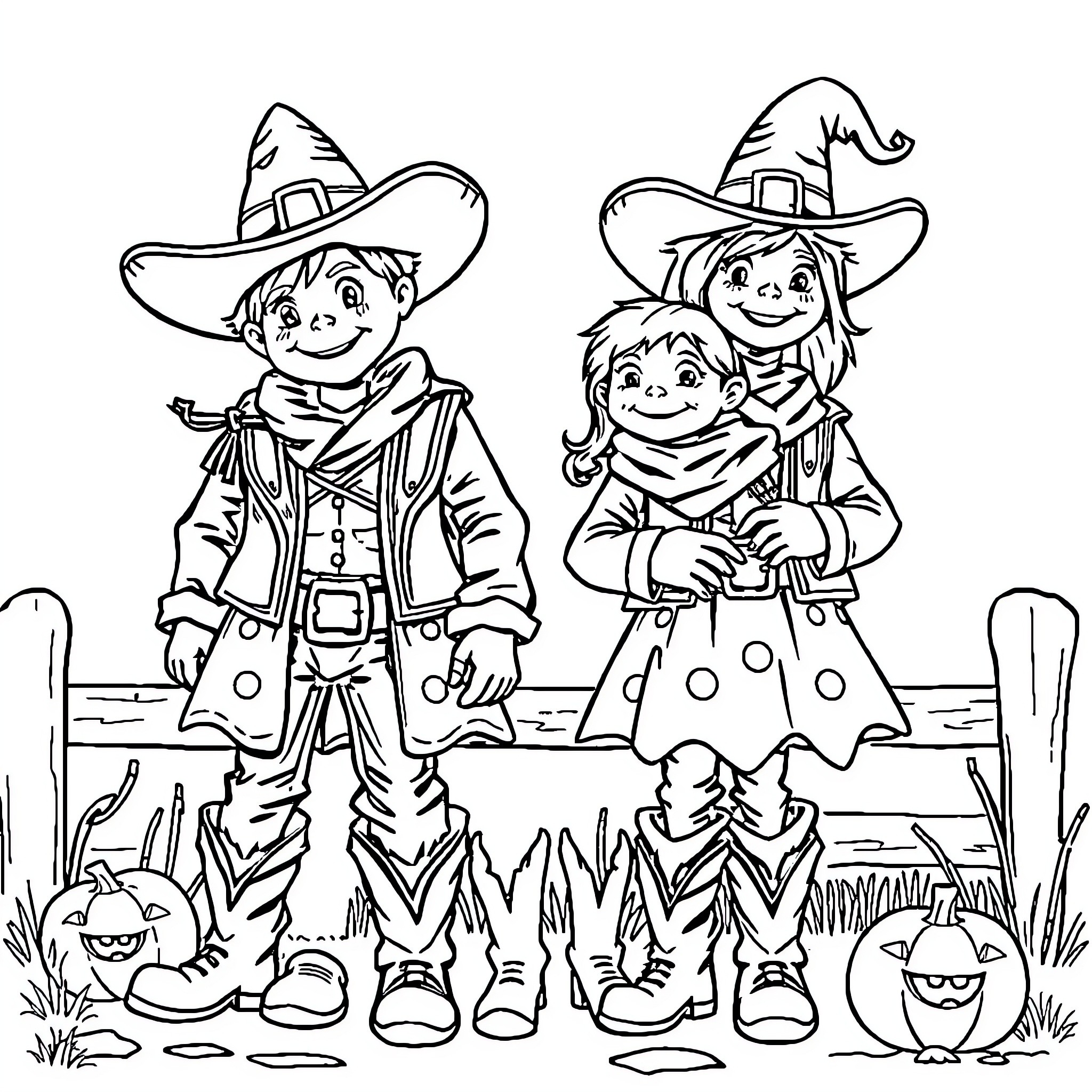 Cowboy and Cowgirl with Friendly Creatures Coloring Page (free black-and-white line drawing printable PDF for all, from beginners to advanced learners, including children, teens, adults, and seniors)