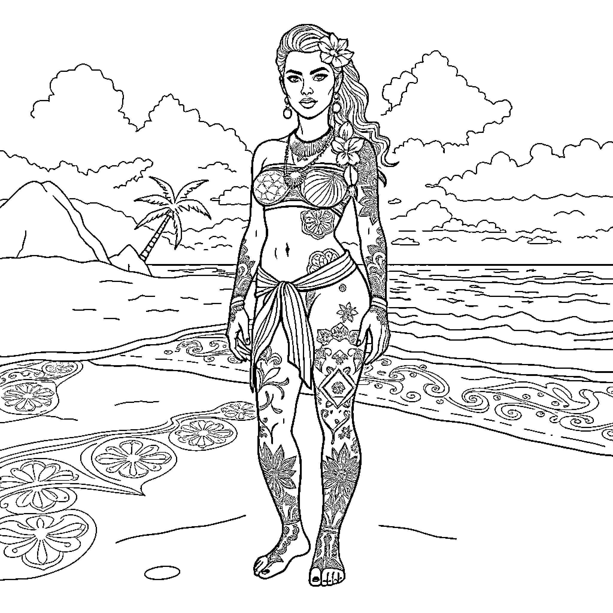 Woman in tropical beach scene with tattoos and flower crown Coloring Page (free black-and-white line drawing printable PDF for all, from beginners to advanced learners, including children, teens, adults, and seniors)